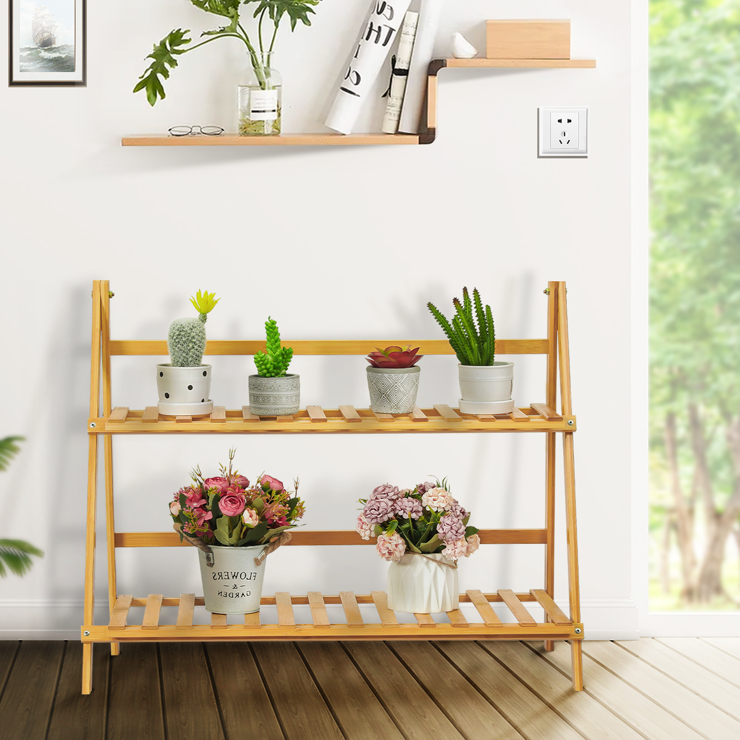Foldable Flower Plant Rack - A Frame Stand Shelf - 2 Tier - Natural