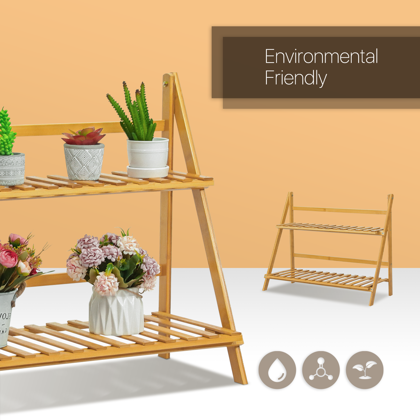 Foldable Flower Plant Rack - A Frame Stand Shelf - 2 Tier - Natural