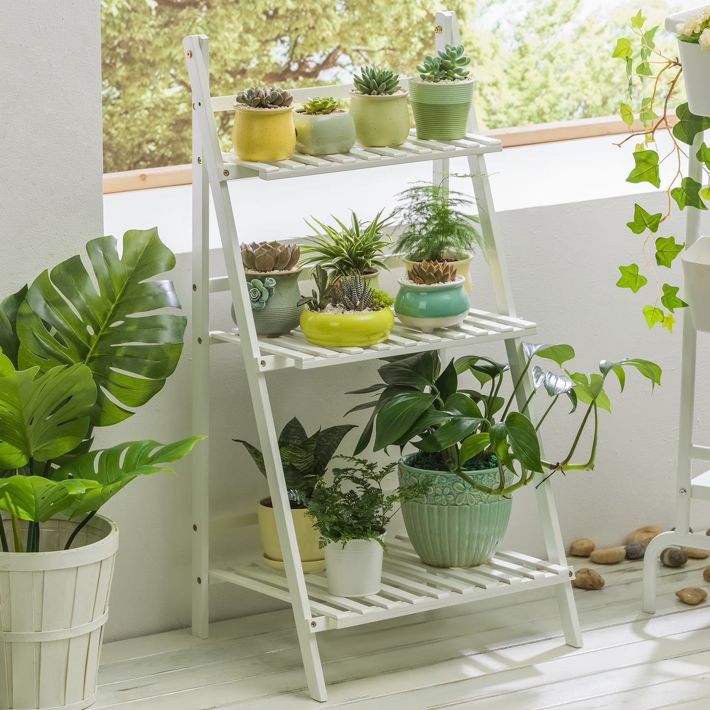 Foldable Flower Plant Rack - A Frame Stand Shelf - 3 Tier - White