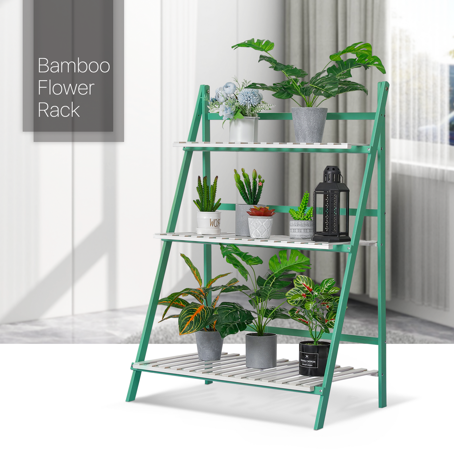 Foldable Flower Plant Rack - A Frame Stand Shelf - 3 Tier - Green/White