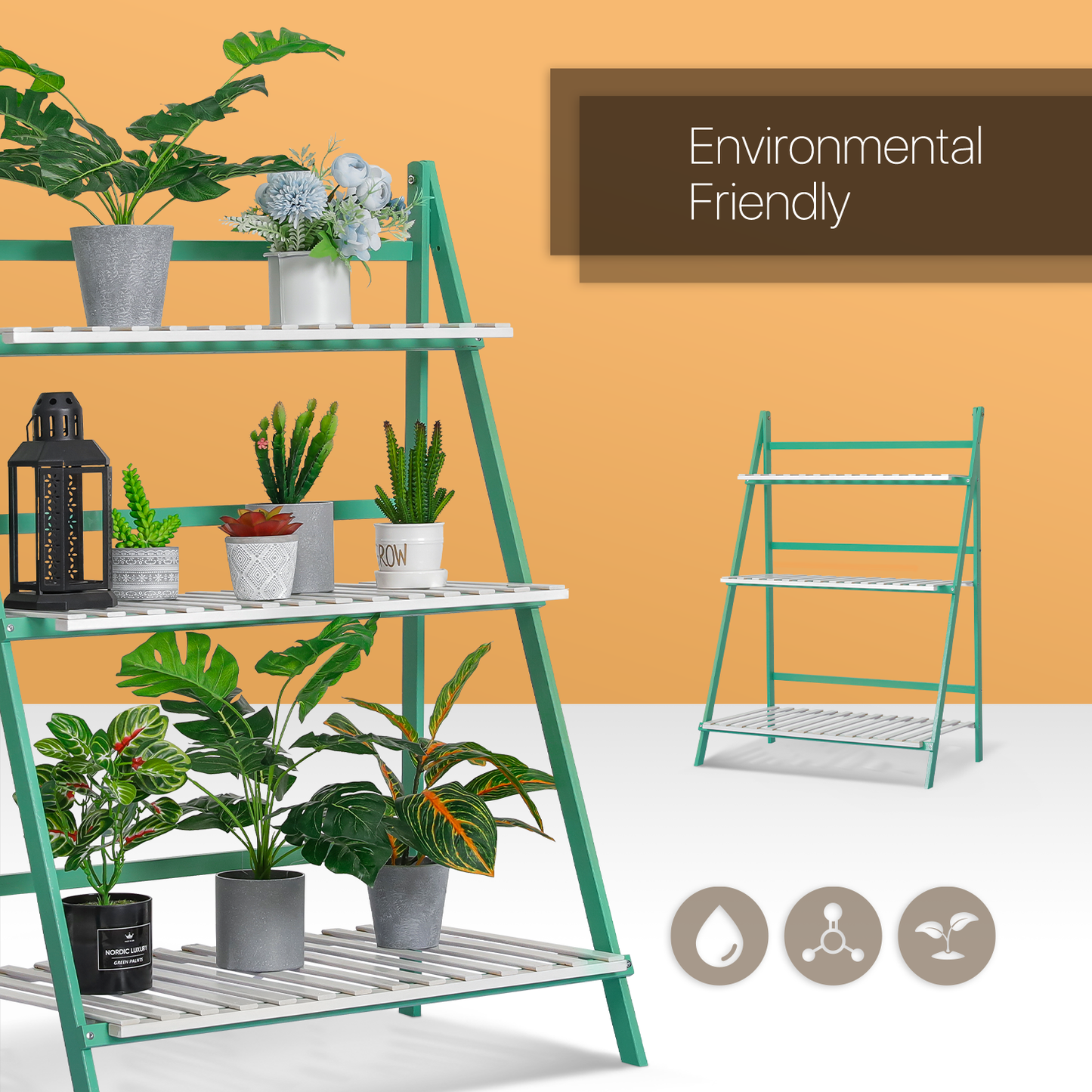 Foldable Flower Plant Rack - A Frame Stand Shelf - 3 Tier - Green/White