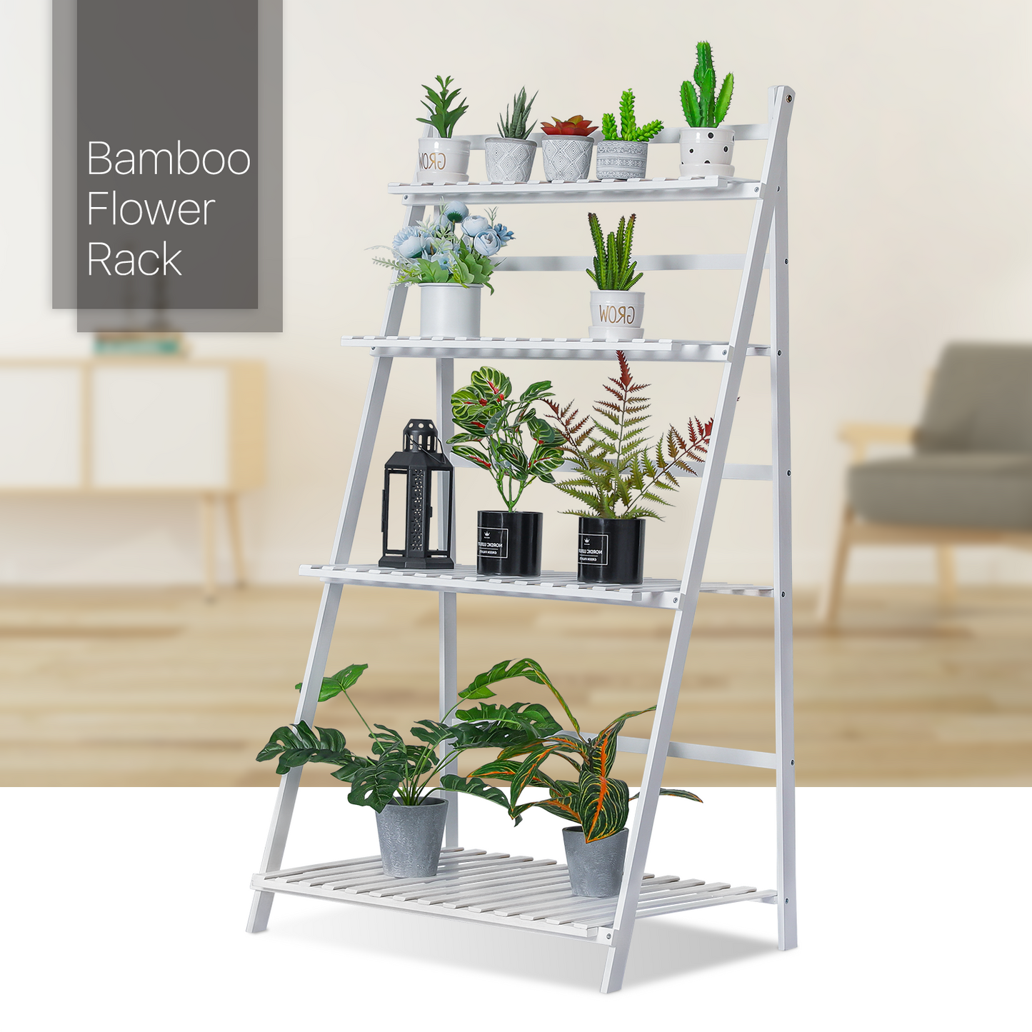Foldable Flower Plant Rack - A Frame Stand Shelf - 4 Tier - White