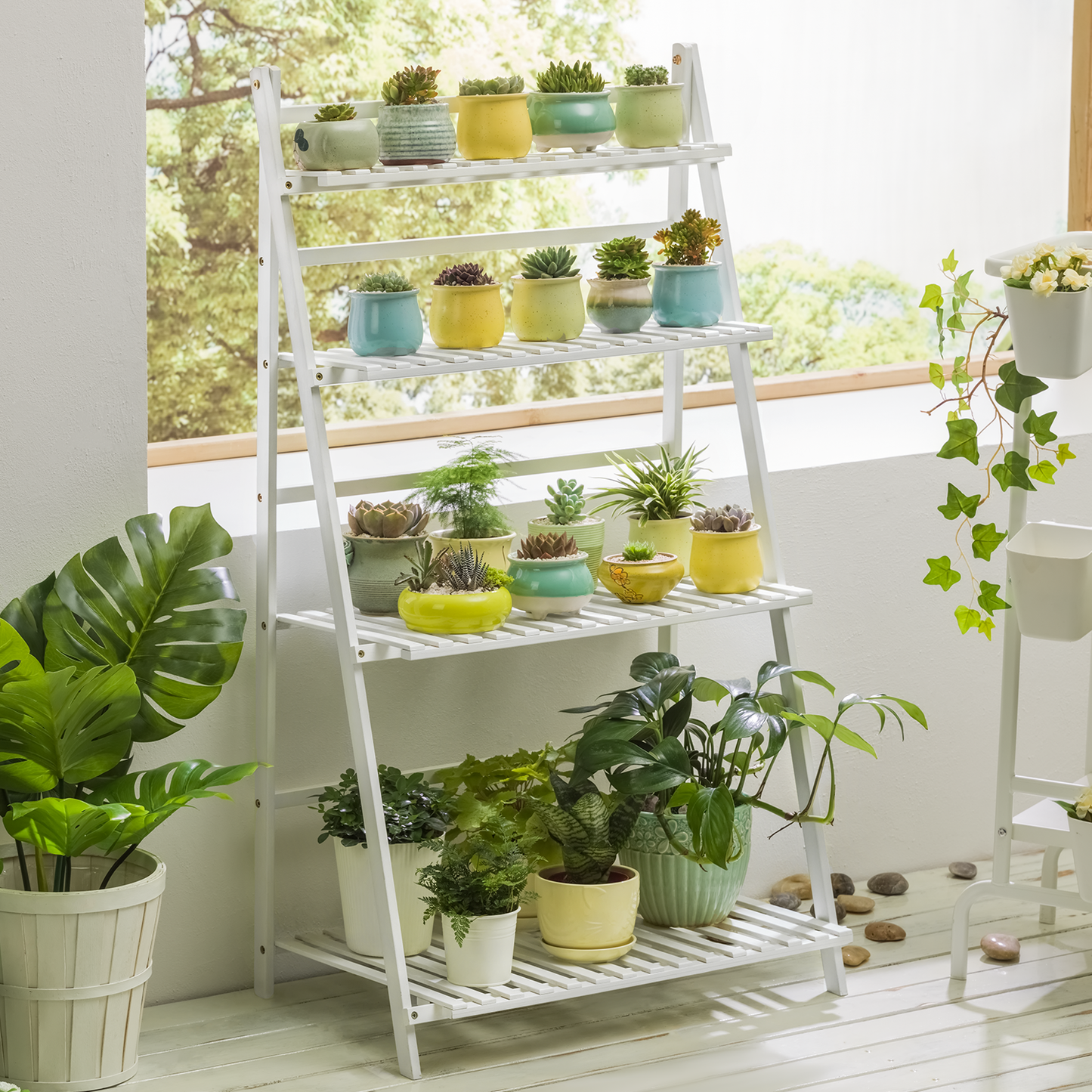Foldable Flower Plant Rack - A Frame Stand Shelf - 4 Tier - White