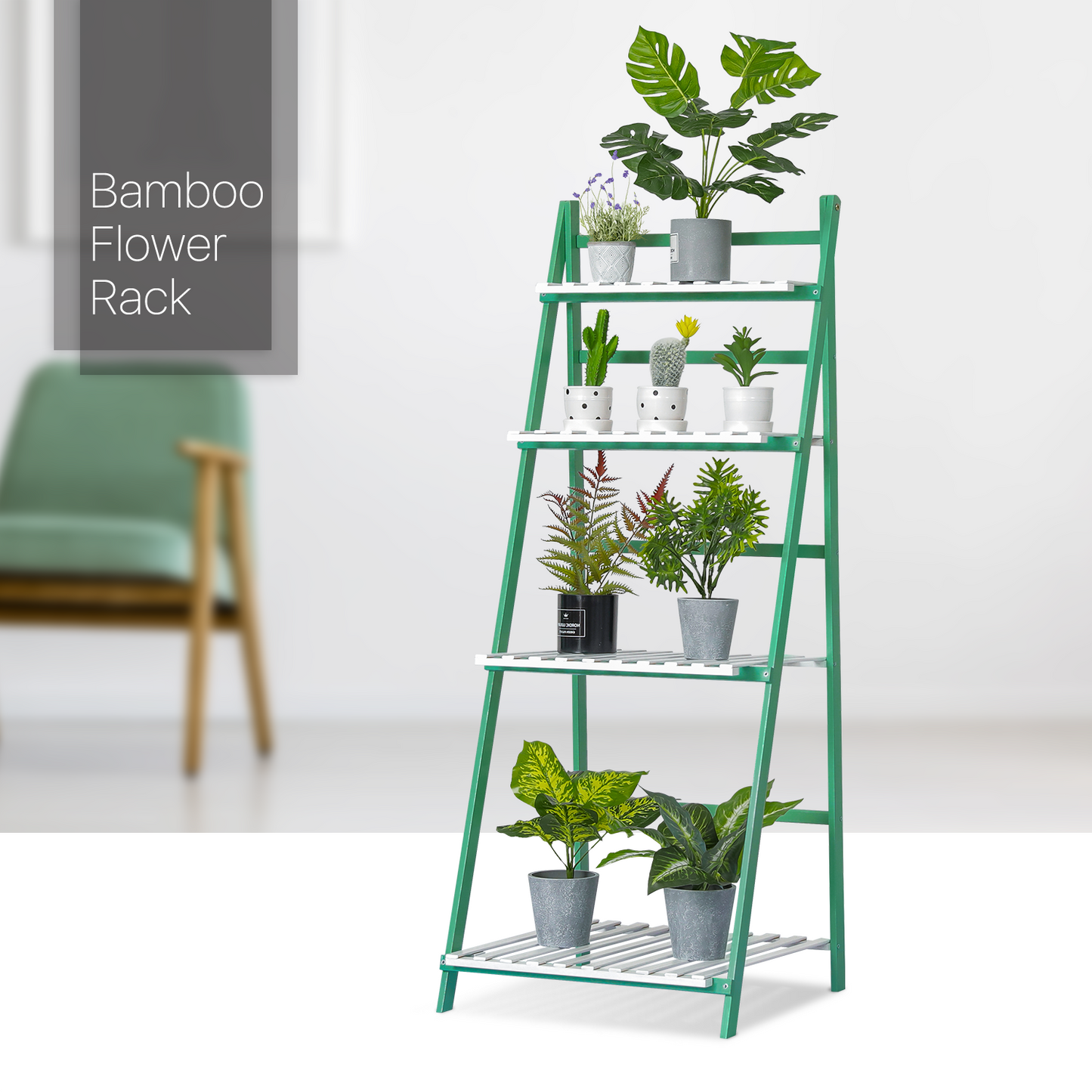Foldable Flower Plant Rack - A Frame Stand Shelf - 4 Tier - Green/White