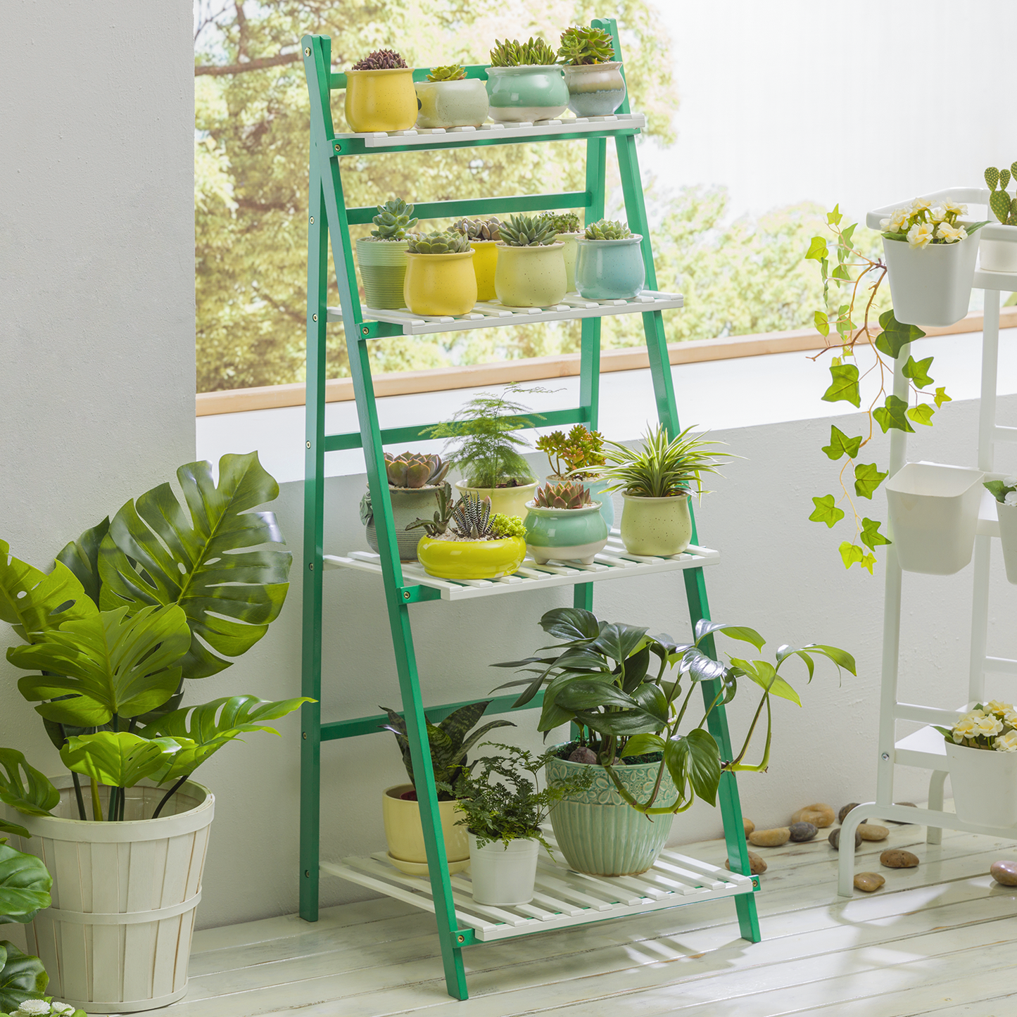 Foldable Flower Plant Rack - A Frame Stand Shelf - 4 Tier - Green/White