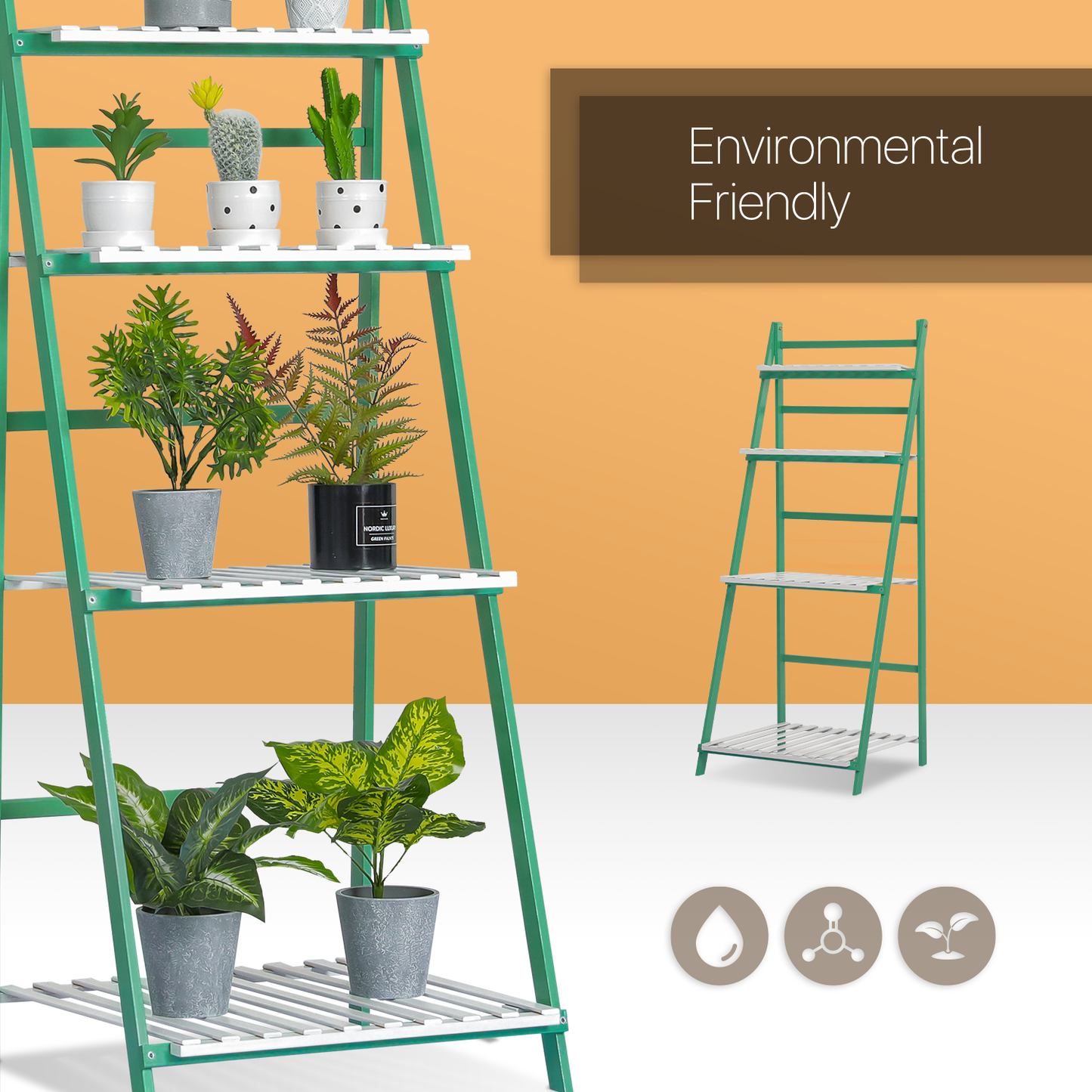 Foldable Flower Plant Rack - A Frame Stand Shelf - 4 Tier - Green/White