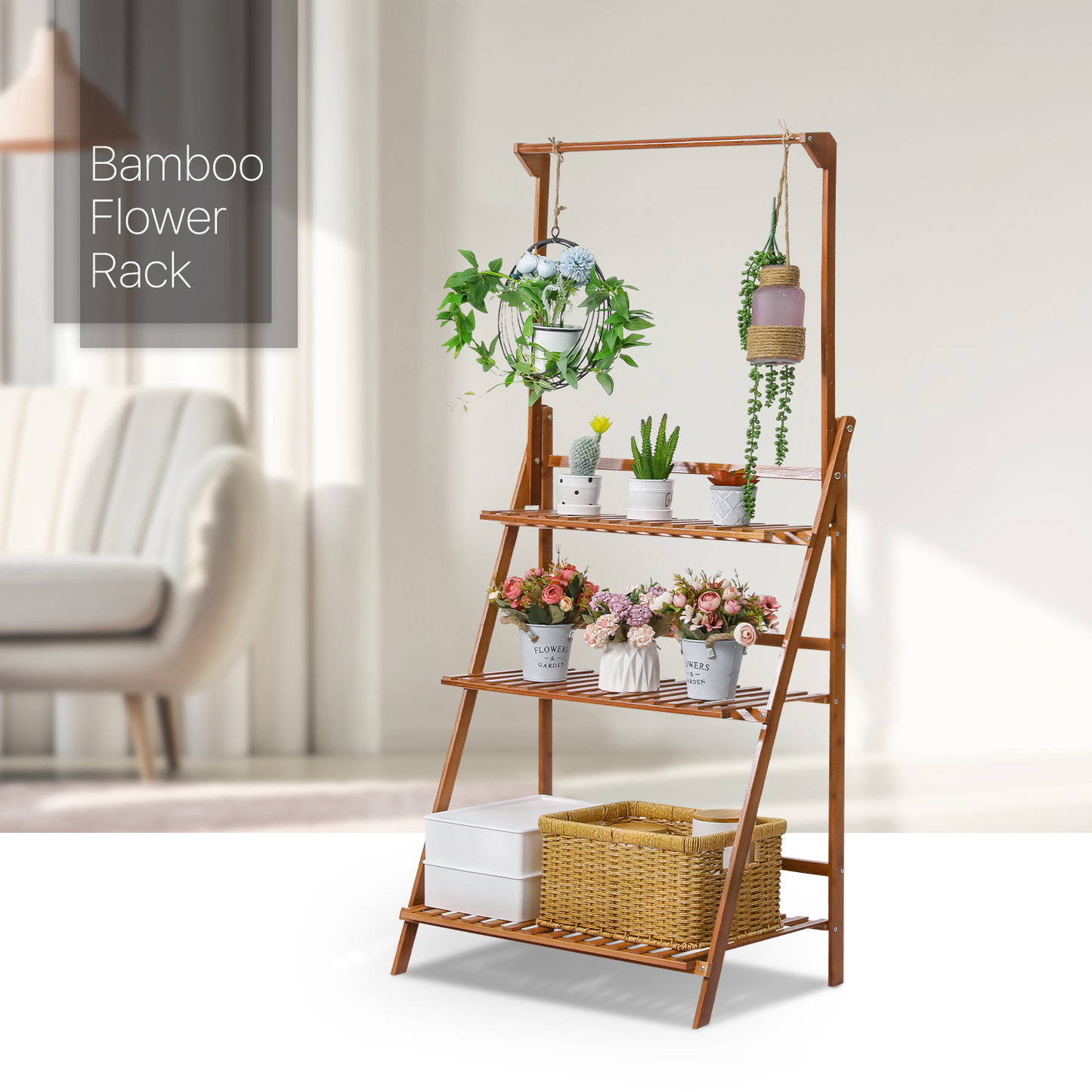 Foldable Flower Plant Rack - A Frame Stand Shelf - with Top Hanging Rod - 3 Tier - Brown