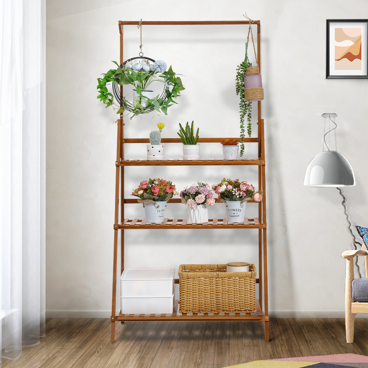 Foldable Flower Plant Rack - A Frame Stand Shelf - with Top Hanging Rod - 3 Tier - Brown