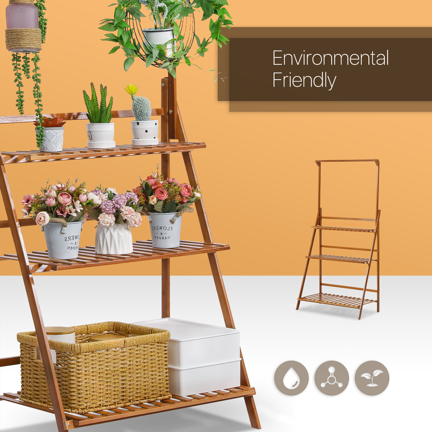 Foldable Flower Plant Rack - A Frame Stand Shelf - with Top Hanging Rod - 3 Tier - Brown