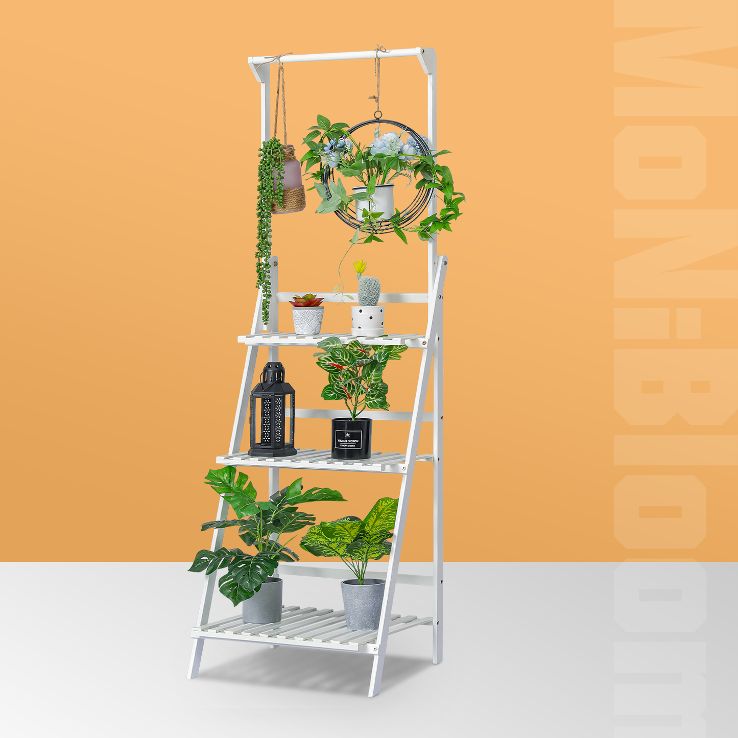 Foldable Flower Plant Rack - A Frame Stand Shelf - with Top Hanging Rod - 3 Tier - White