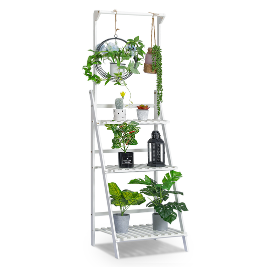 Foldable Flower Plant Rack - A Frame Stand Shelf - with Top Hanging Rod - 3 Tier - White