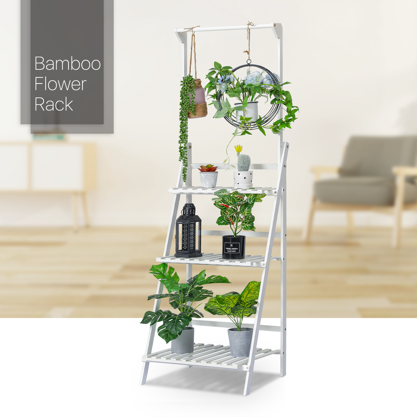 Foldable Flower Plant Rack - A Frame Stand Shelf - with Top Hanging Rod - 3 Tier - White
