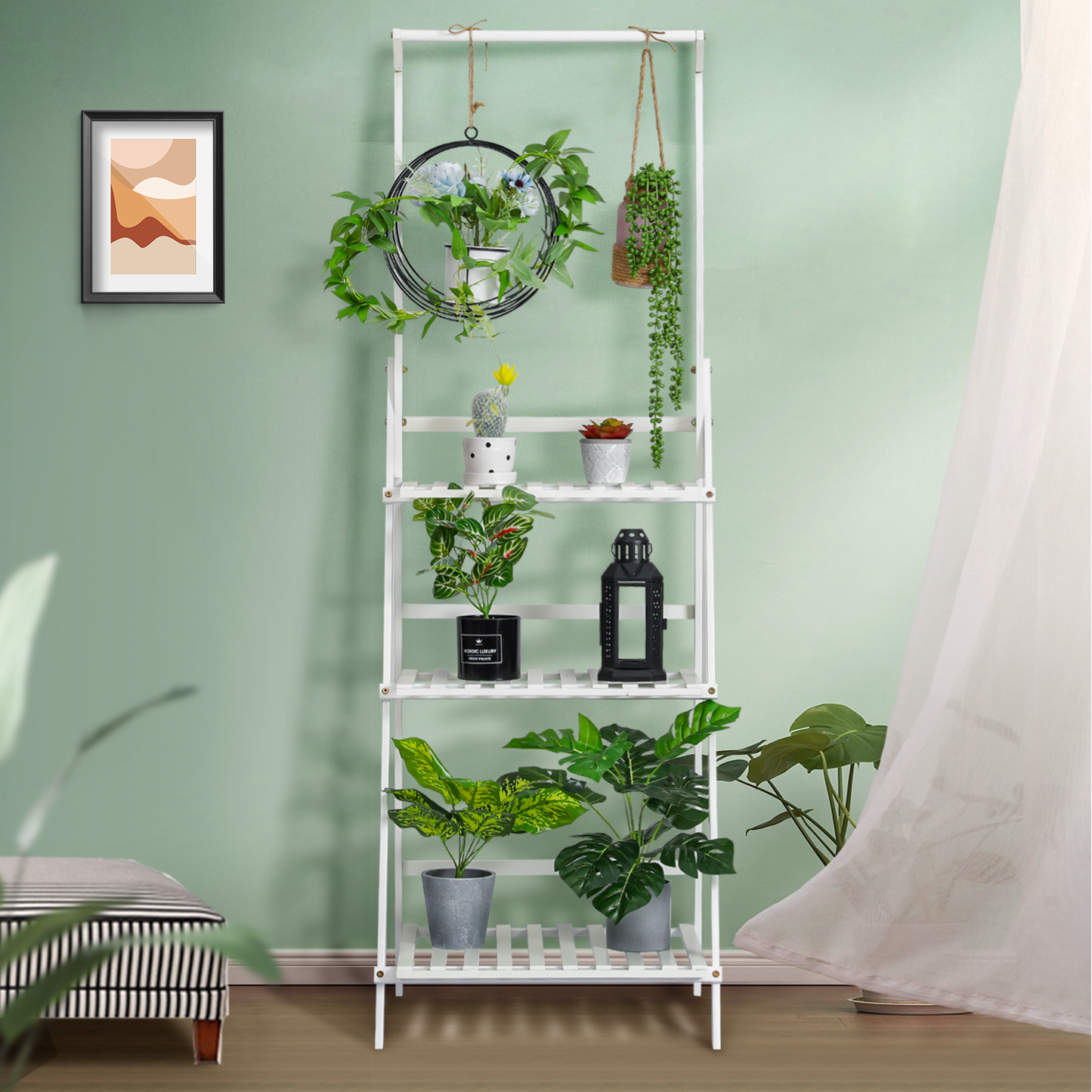 Foldable Flower Plant Rack - A Frame Stand Shelf - with Top Hanging Rod - 3 Tier - White