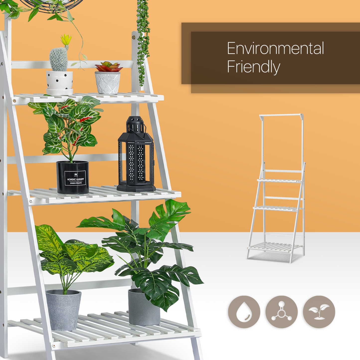 Foldable Flower Plant Rack - A Frame Stand Shelf - with Top Hanging Rod - 3 Tier - White