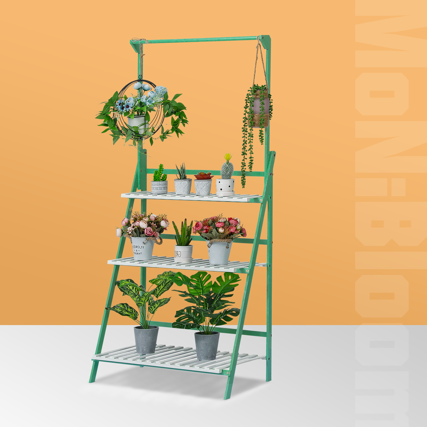 Foldable Flower Plant Rack - A Frame Stand Shelf - with Top Hanging Rod - 3 Tier - Green/White
