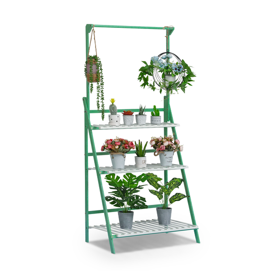 Foldable Flower Plant Rack - A Frame Stand Shelf - with Top Hanging Rod - 3 Tier - Green/White
