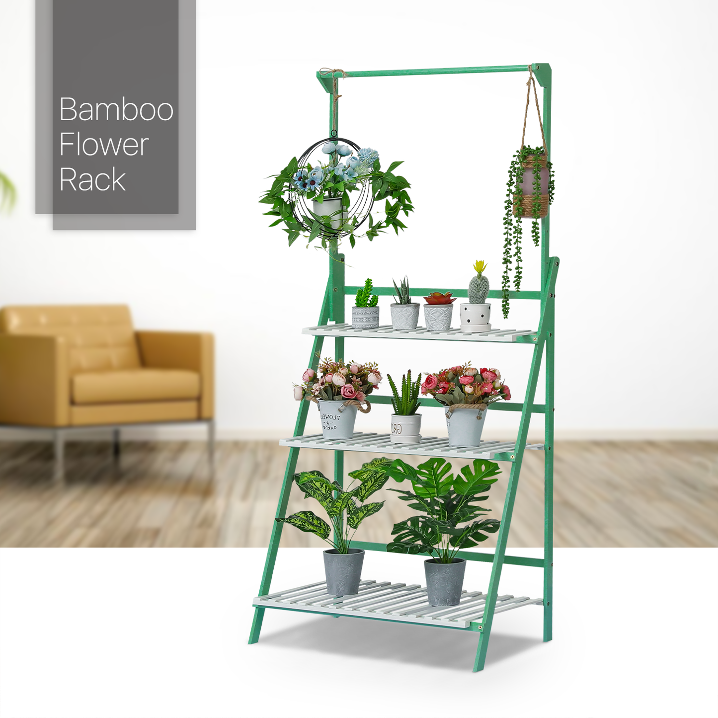 Foldable Flower Plant Rack - A Frame Stand Shelf - with Top Hanging Rod - 3 Tier - Green/White