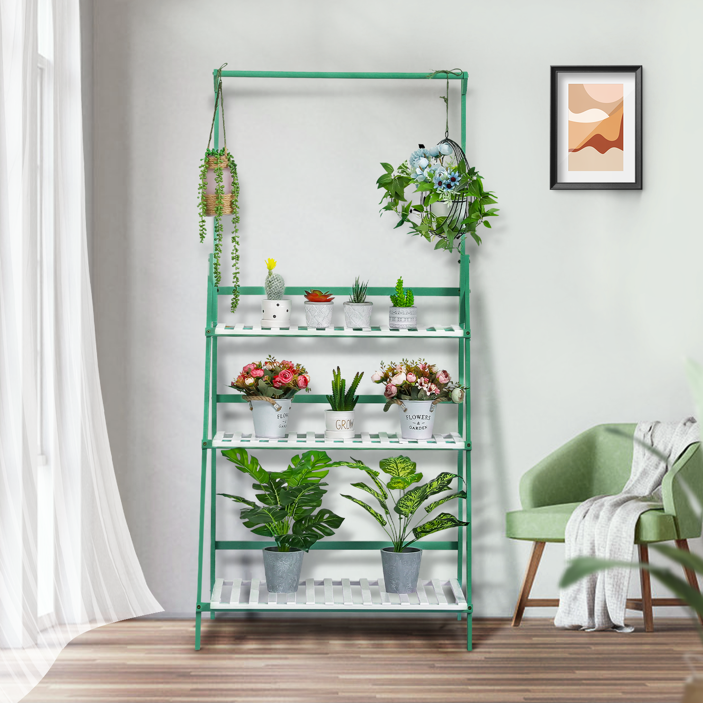 Foldable Flower Plant Rack - A Frame Stand Shelf - with Top Hanging Rod - 3 Tier - Green/White