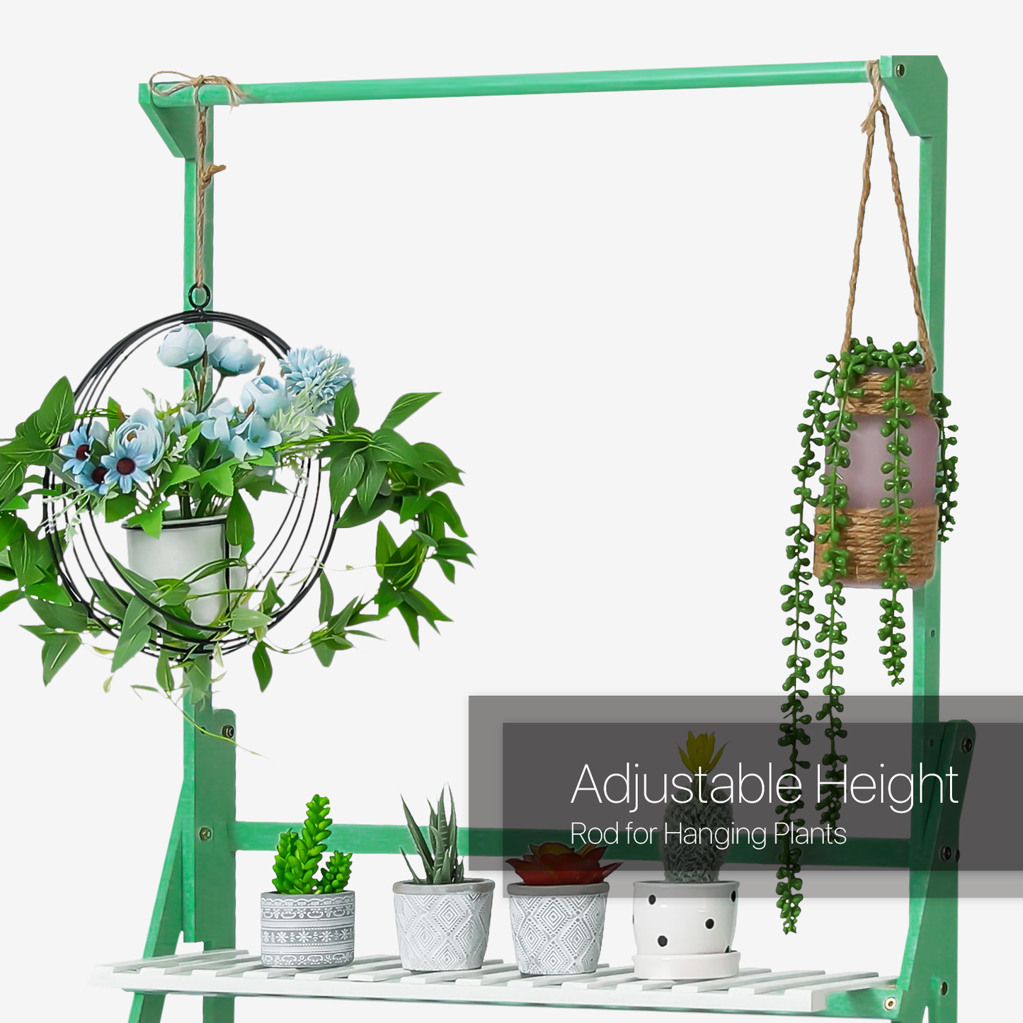 Foldable Flower Plant Rack - A Frame Stand Shelf - with Top Hanging Rod - 3 Tier - Green/White