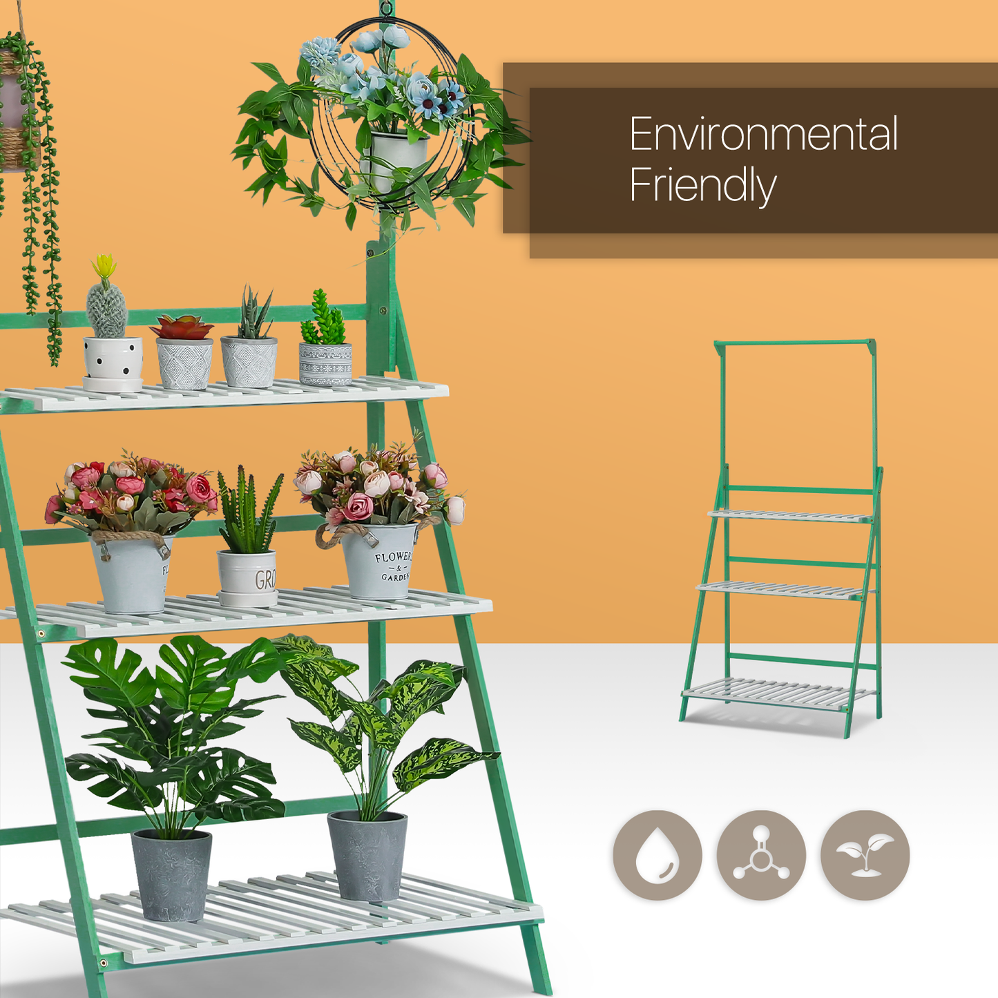 Foldable Flower Plant Rack - A Frame Stand Shelf - with Top Hanging Rod - 3 Tier - Green/White