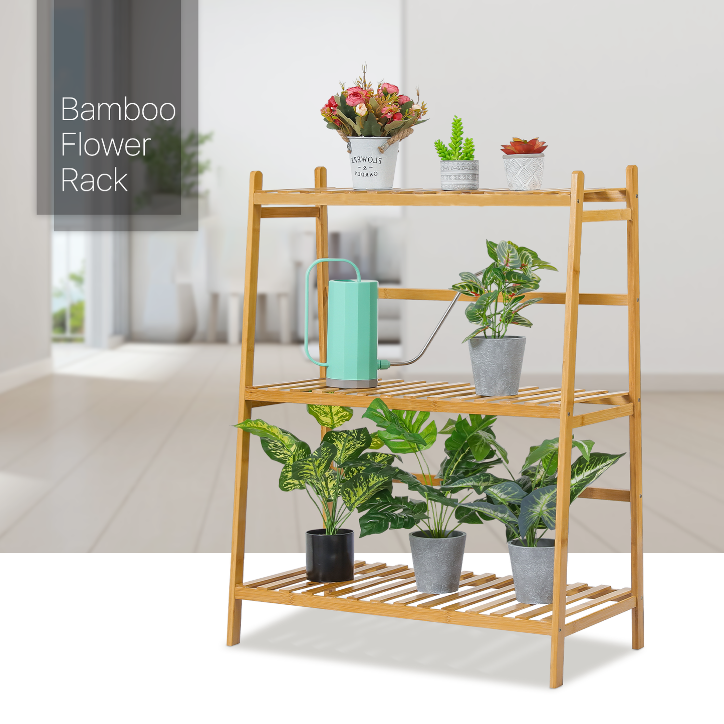 Trapezoid Flower Plant Rack - 3 Tier - Natural