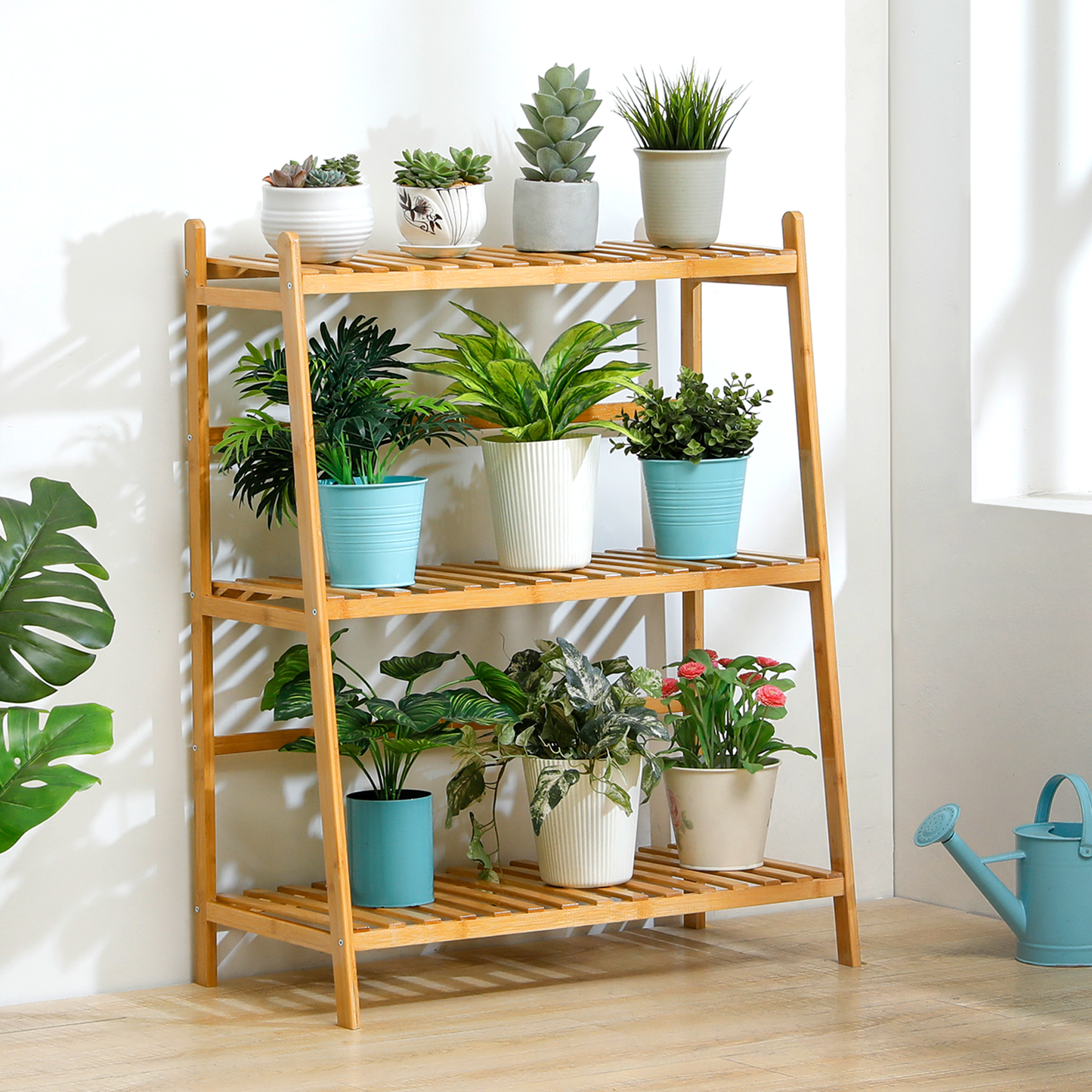 Trapezoid Flower Plant Rack - 3 Tier - Natural