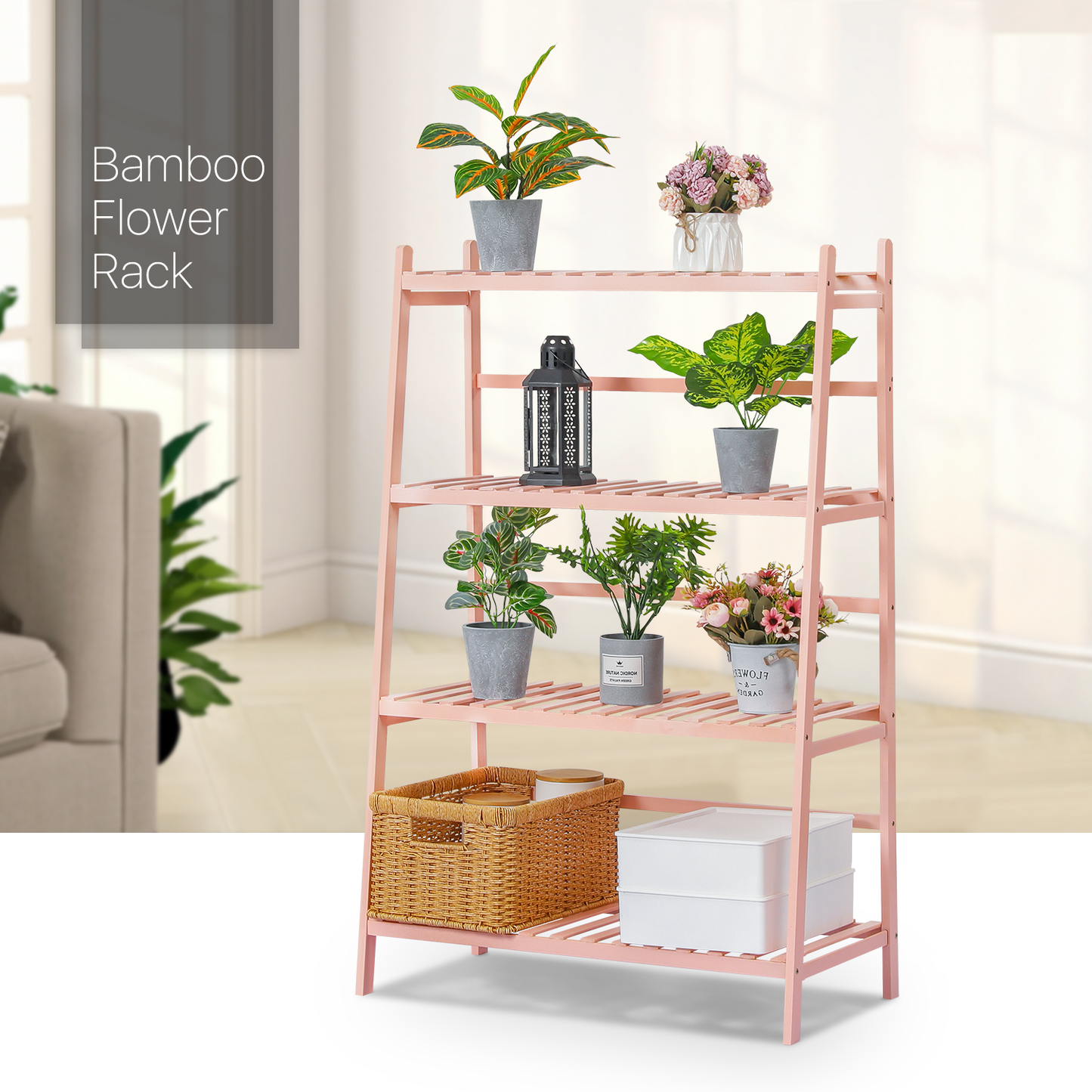 Trapezoid Flower Plant Rack - 4 Tier - Pink