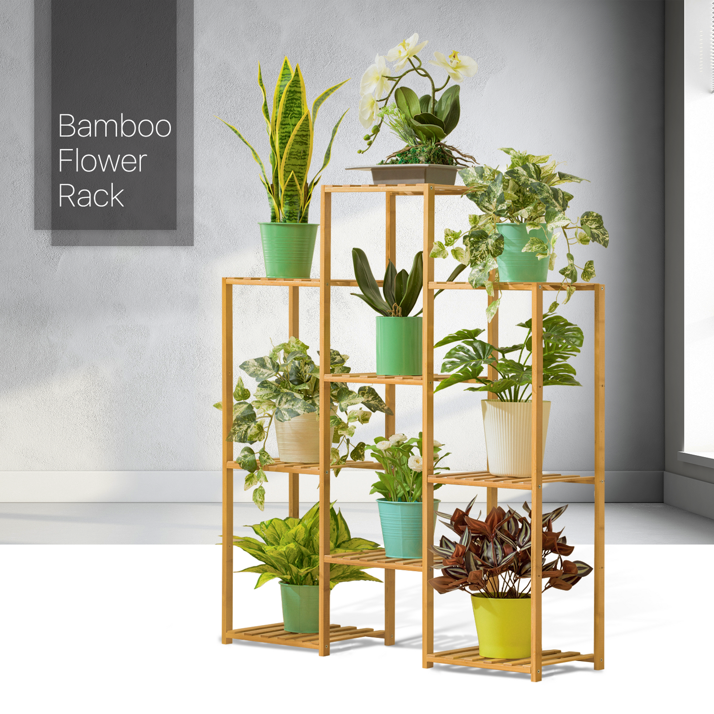Flower Plant Stand Display Shelf - 9 Potted Plant Holder - Natural