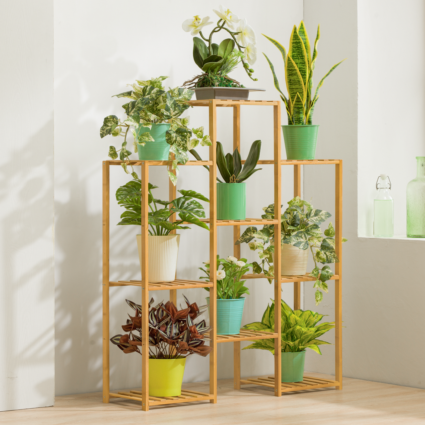 Flower Plant Stand Display Shelf - 9 Potted Plant Holder - Natural