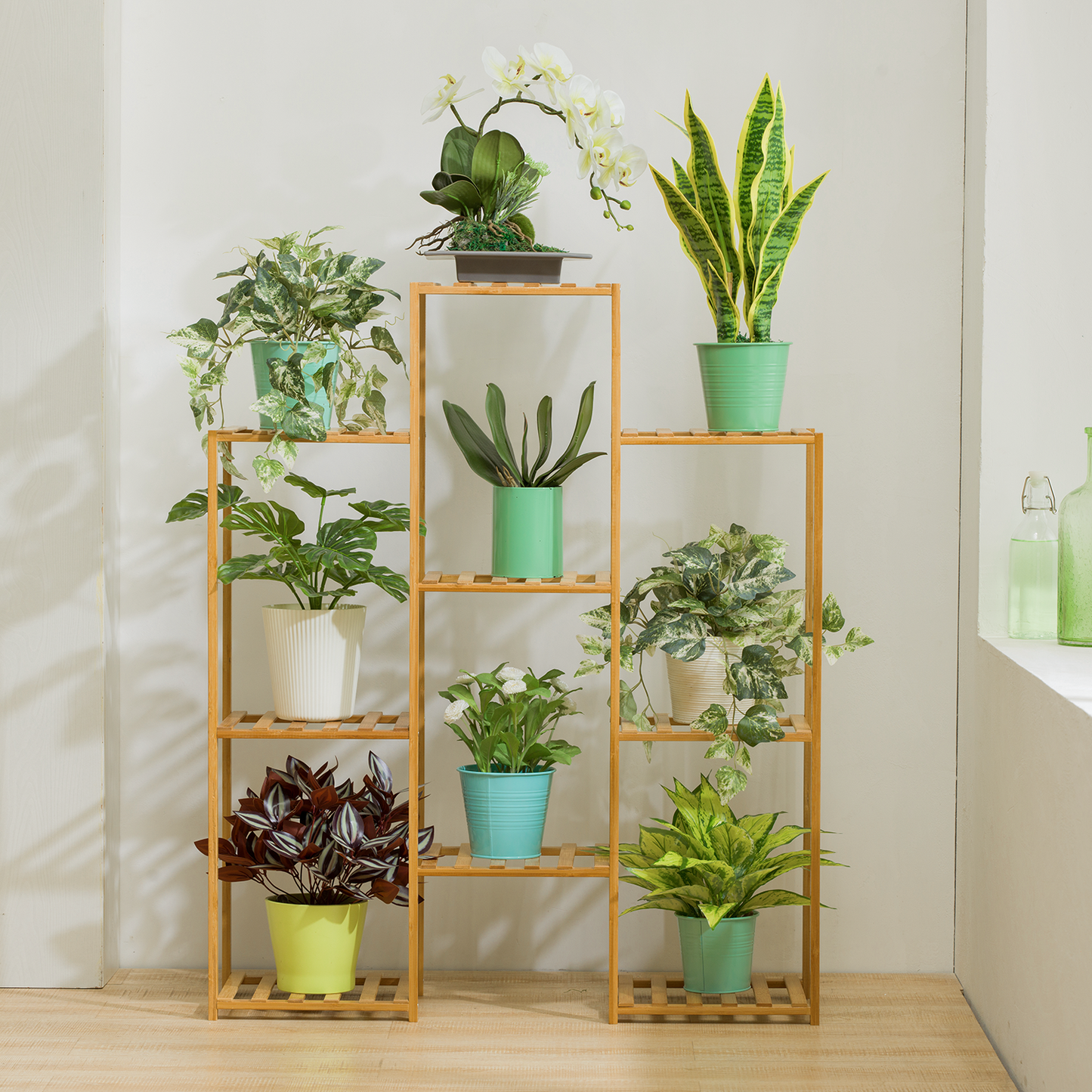Flower Plant Stand Display Shelf - 9 Potted Plant Holder - Natural