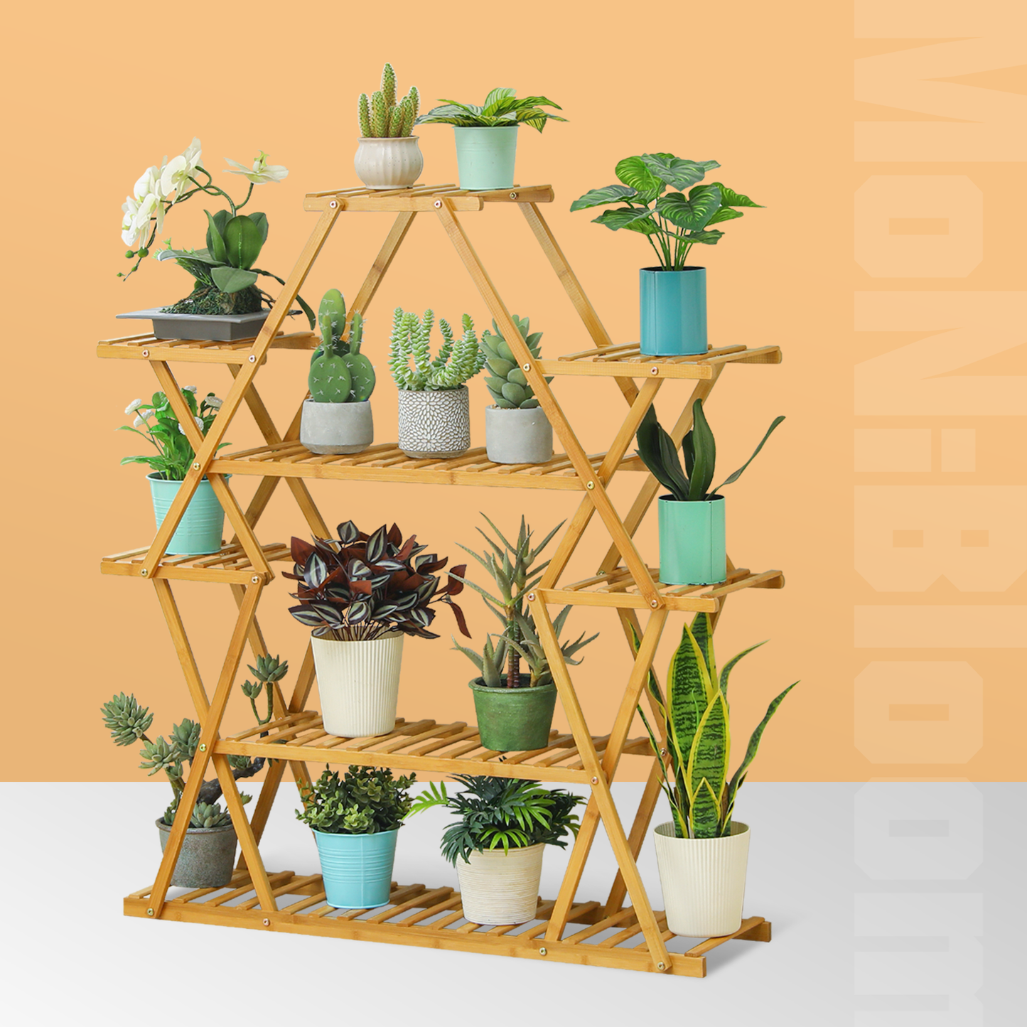 Flower Plant Stand Display Shelf - Zip-Zag Layer - 13 Potted Plant Holder - Natural