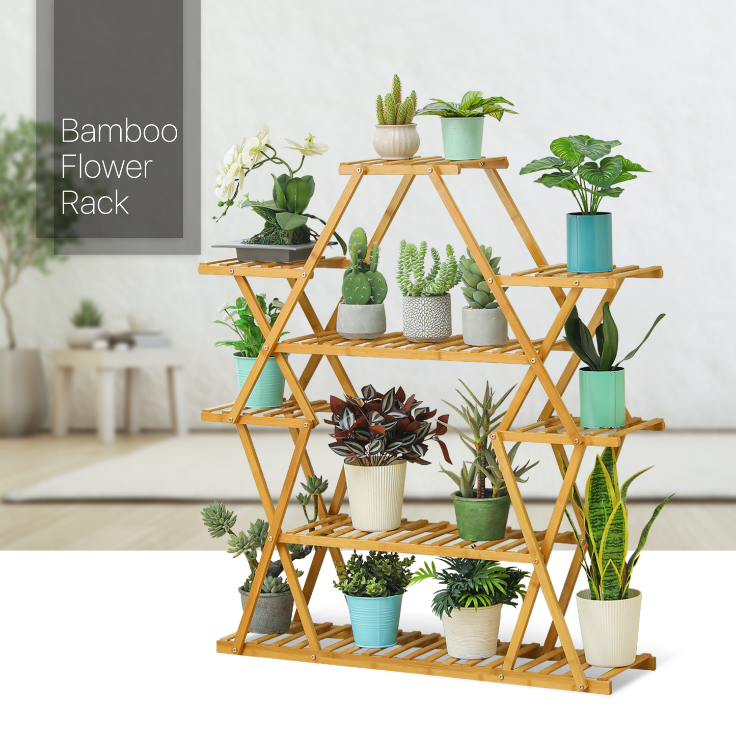 Flower Plant Stand Display Shelf - Zip-Zag Layer - 13 Potted Plant Holder - Natural