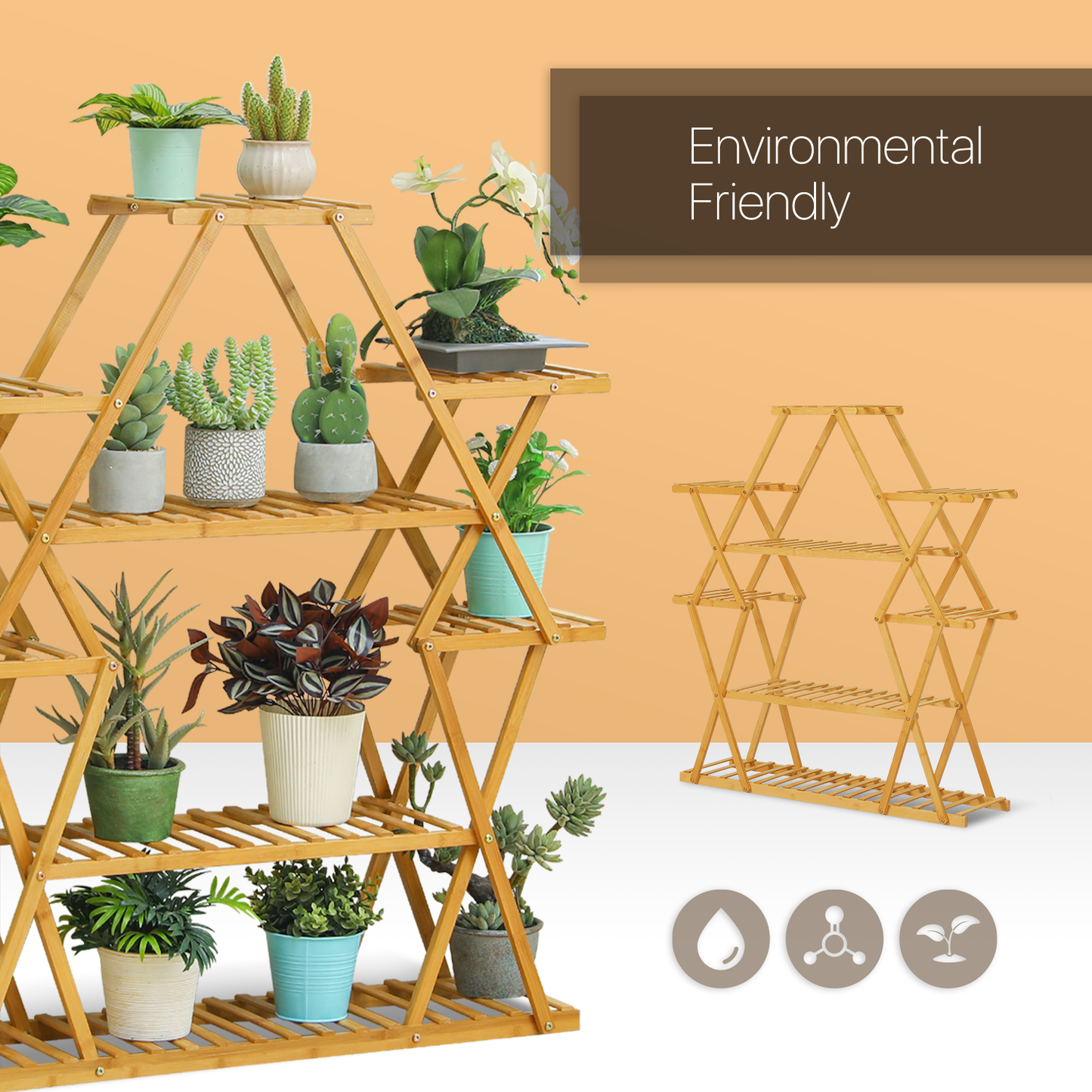 Flower Plant Stand Display Shelf - Zip-Zag Layer - 13 Potted Plant Holder - Natural