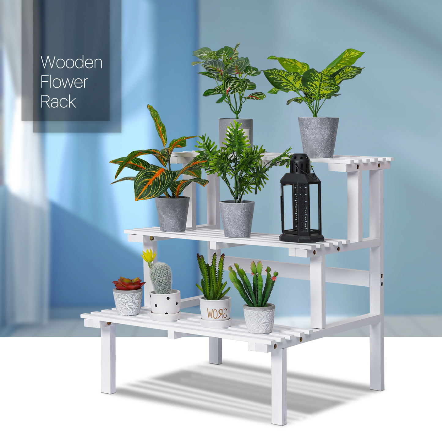 Garden Flower Plant Display Shelf - Stair Style - White
