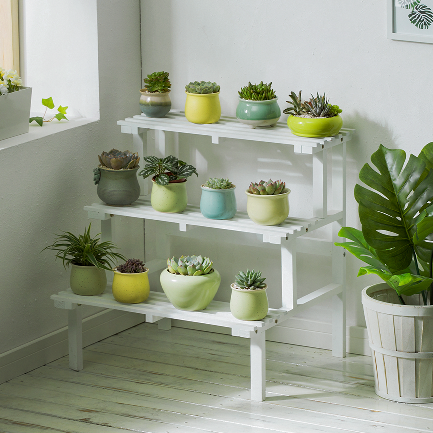 Garden Flower Plant Display Shelf - Stair Style - White