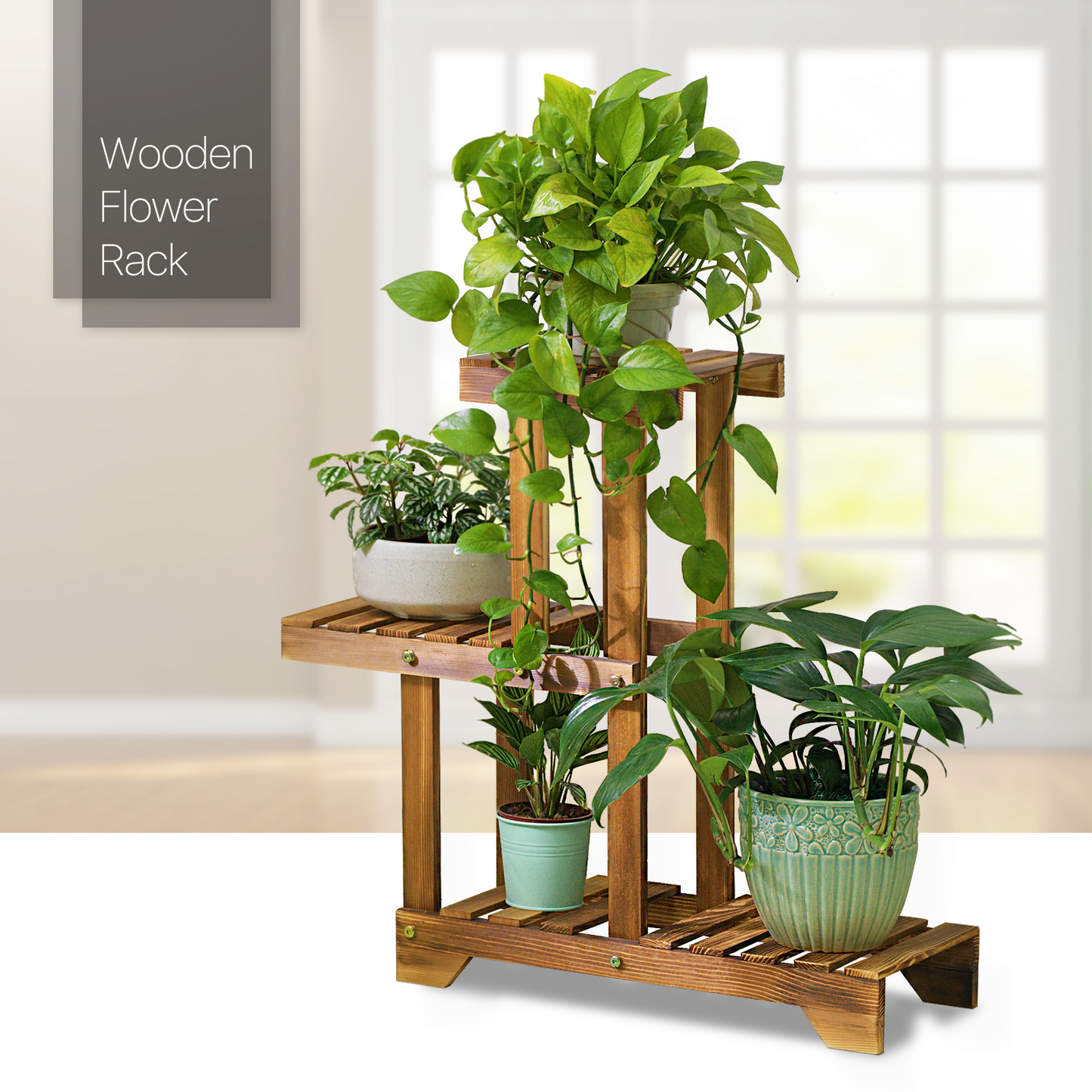 Flower Plant Stand Display Shelf - 4 Potted Plant Holder - Carbonized