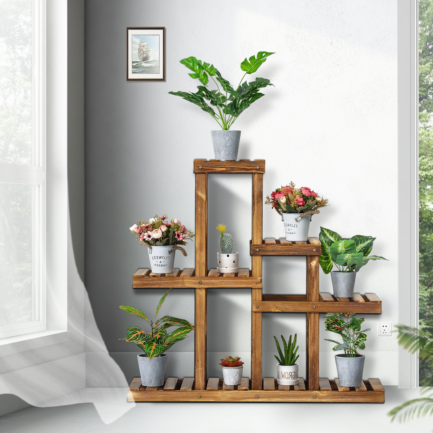 Flower Plant Stand Display Shelf - 9 Potted Plant Holder - Carbonized