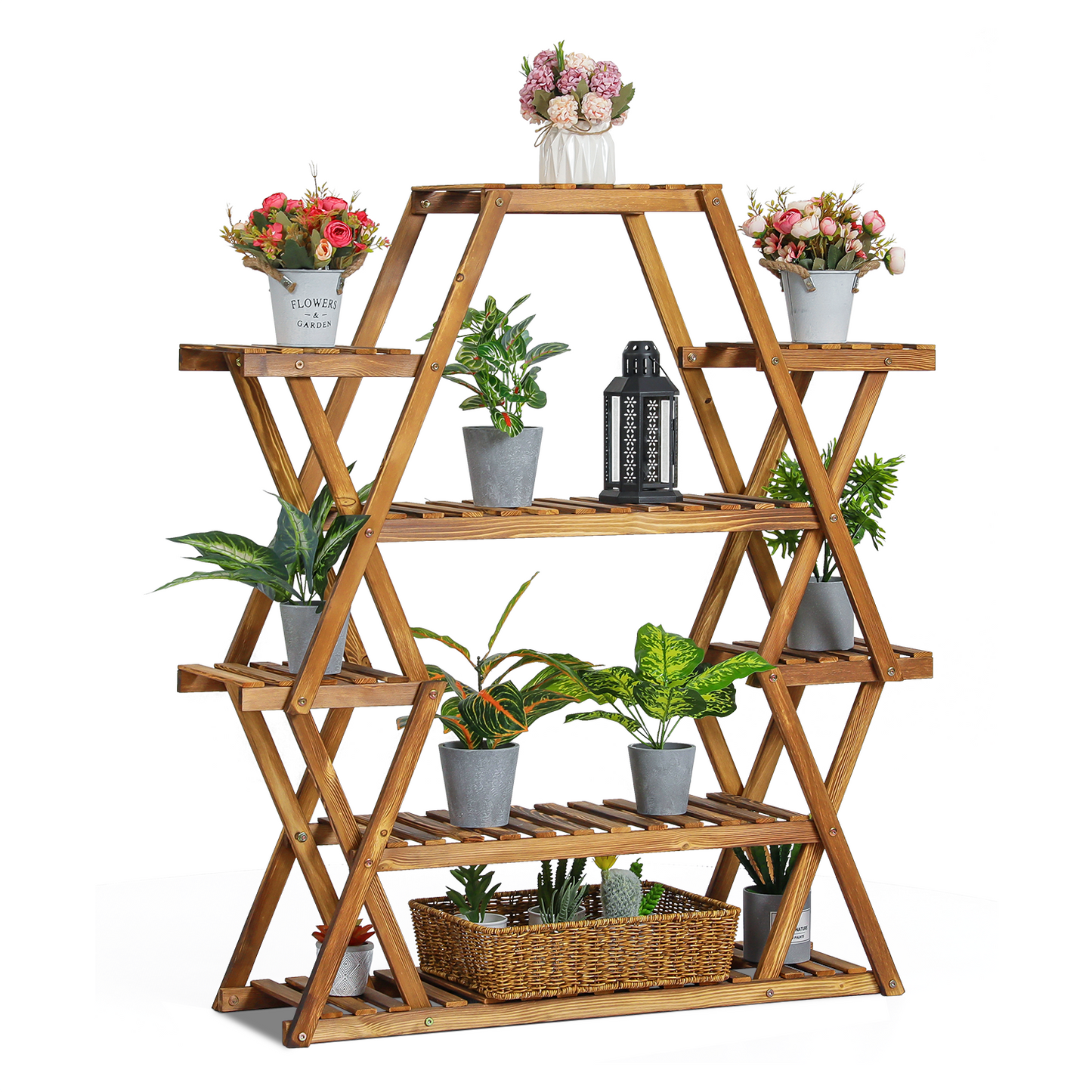 Flower Plant Stand Display Shelf - Zip-Zag Layer - 13 Potted Plant Holder - Carbonized
