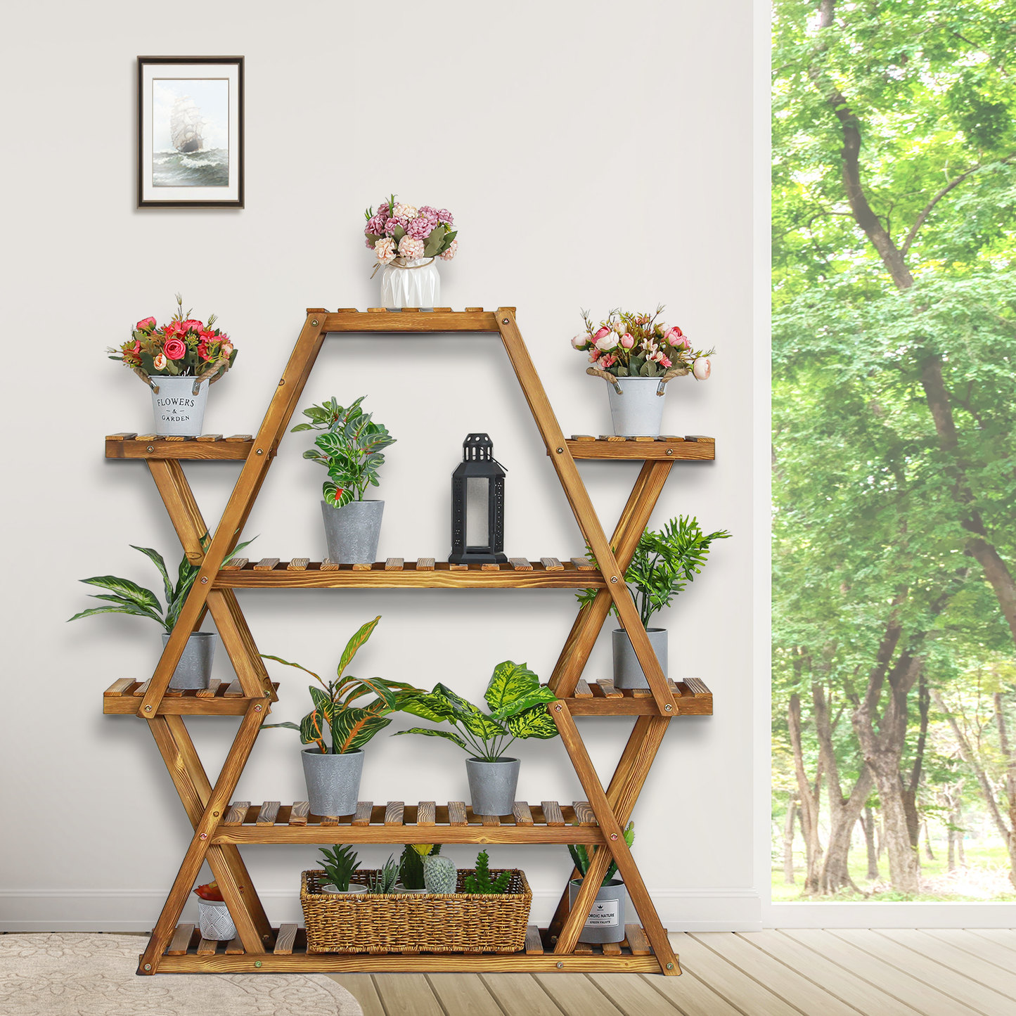 Flower Plant Stand Display Shelf - Zip-Zag Layer - 13 Potted Plant Holder - Carbonized