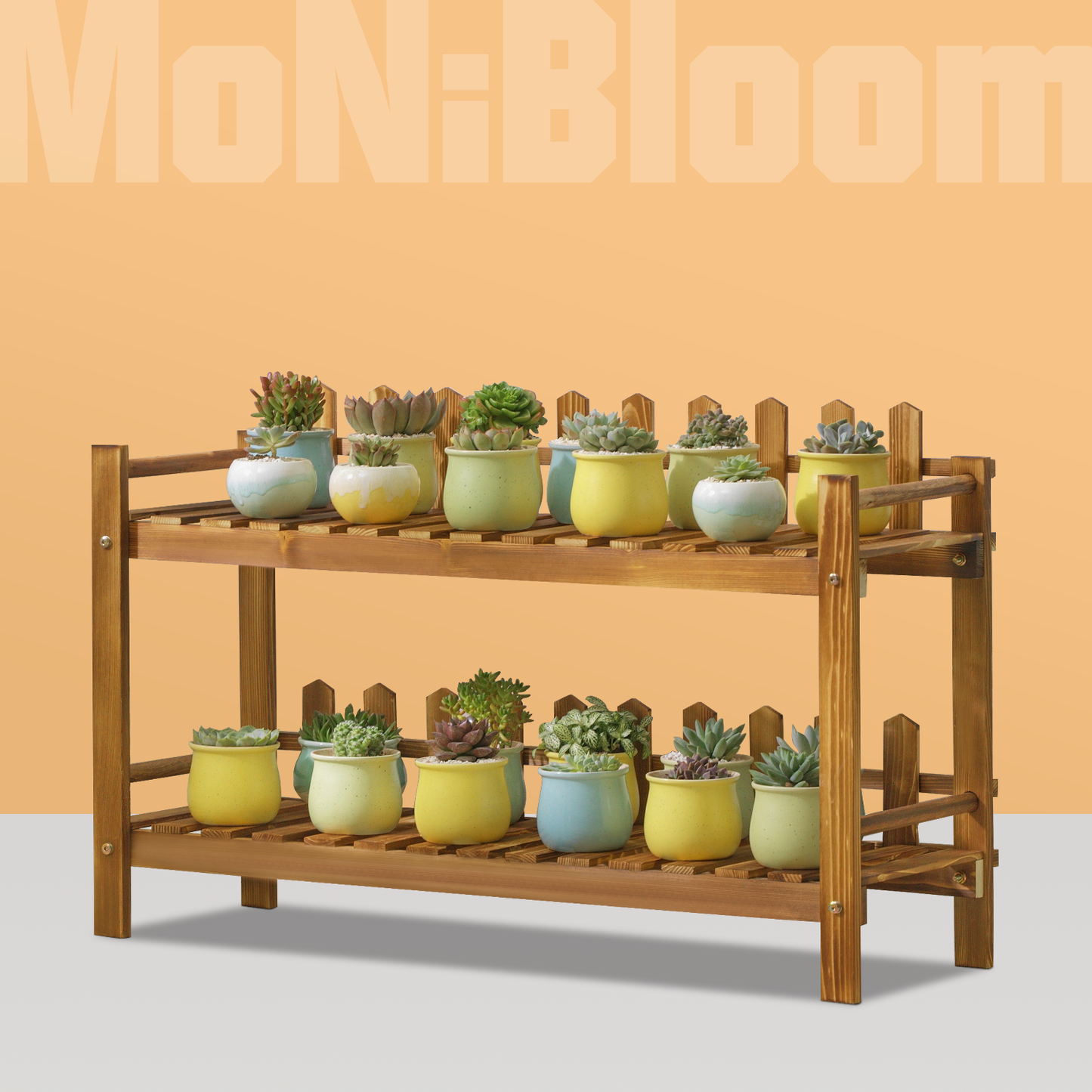 Flower Plant Stand Display Shelf - with Fence - 2 Tier - Carbonized
