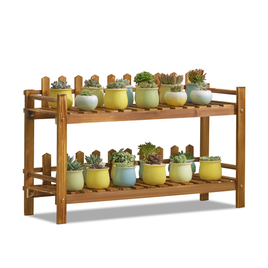 Flower Plant Stand Display Shelf - with Fence - 2 Tier - Carbonized