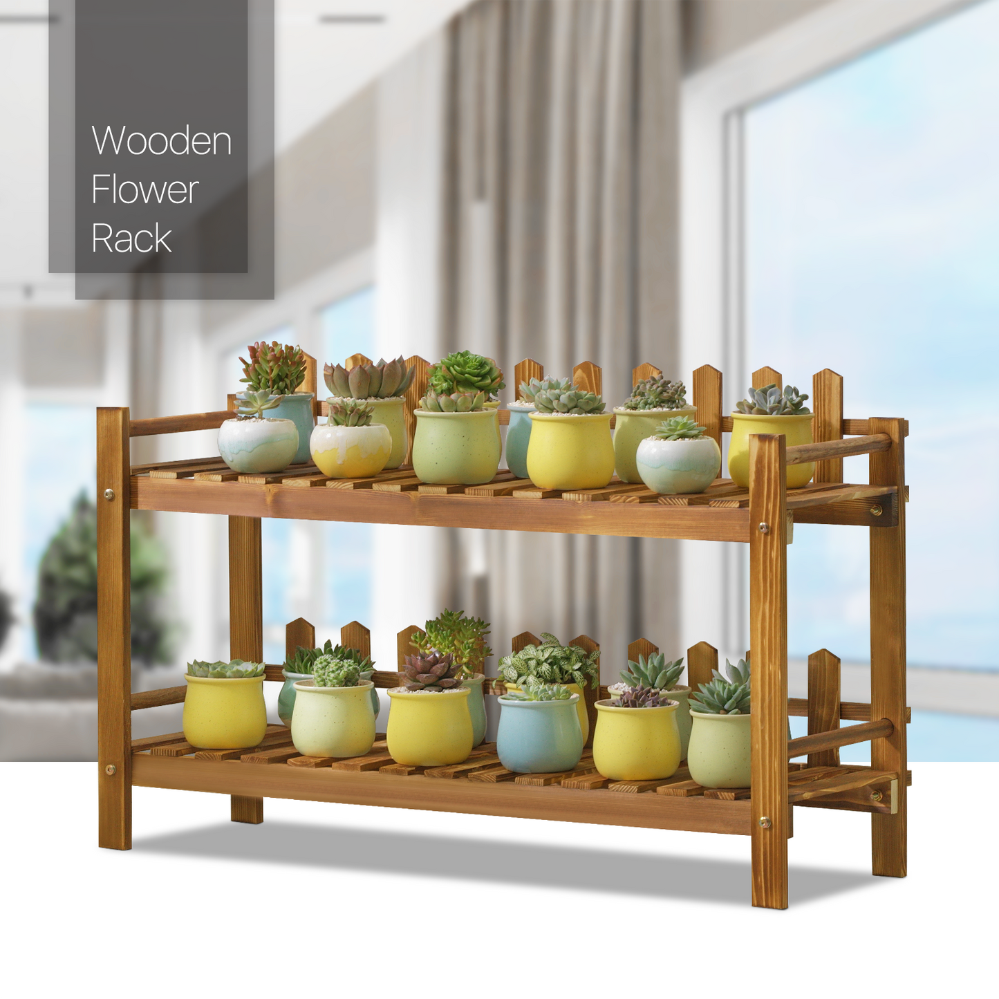 Flower Plant Stand Display Shelf - with Fence - 2 Tier - Carbonized