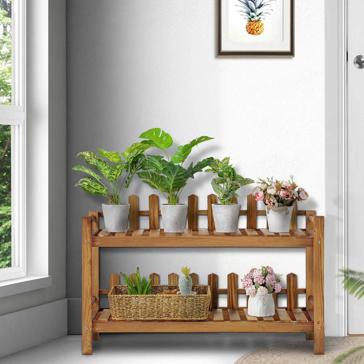 Flower Plant Stand Display Shelf - with Fence - 2 Tier - Carbonized