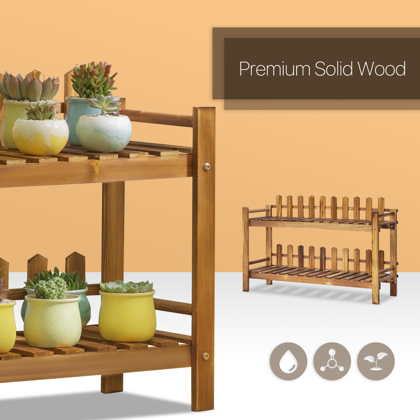 Flower Plant Stand Display Shelf - with Fence - 2 Tier - Carbonized