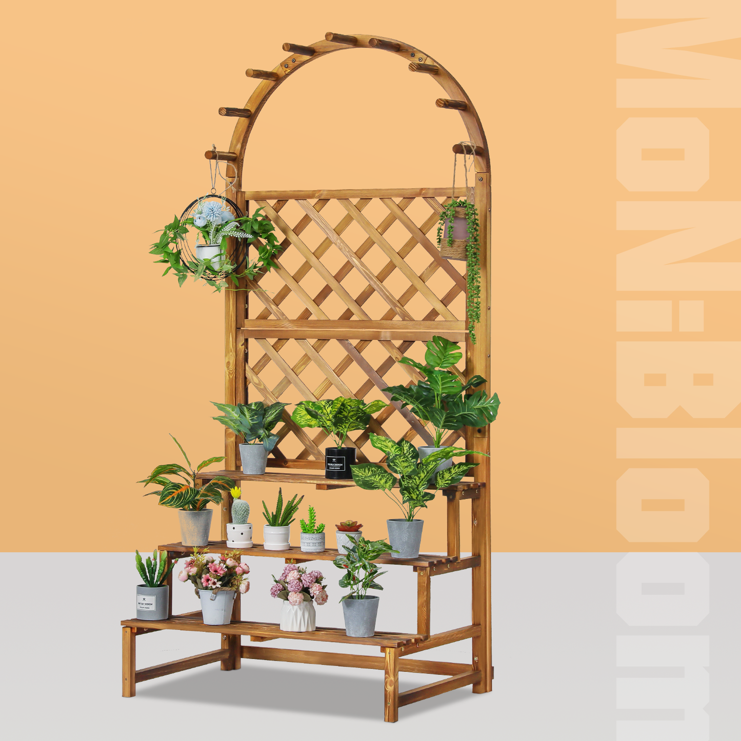 Wooden Trellis Display Stair Shelf - Arch with Hooks - 3 Tier - Carbonized