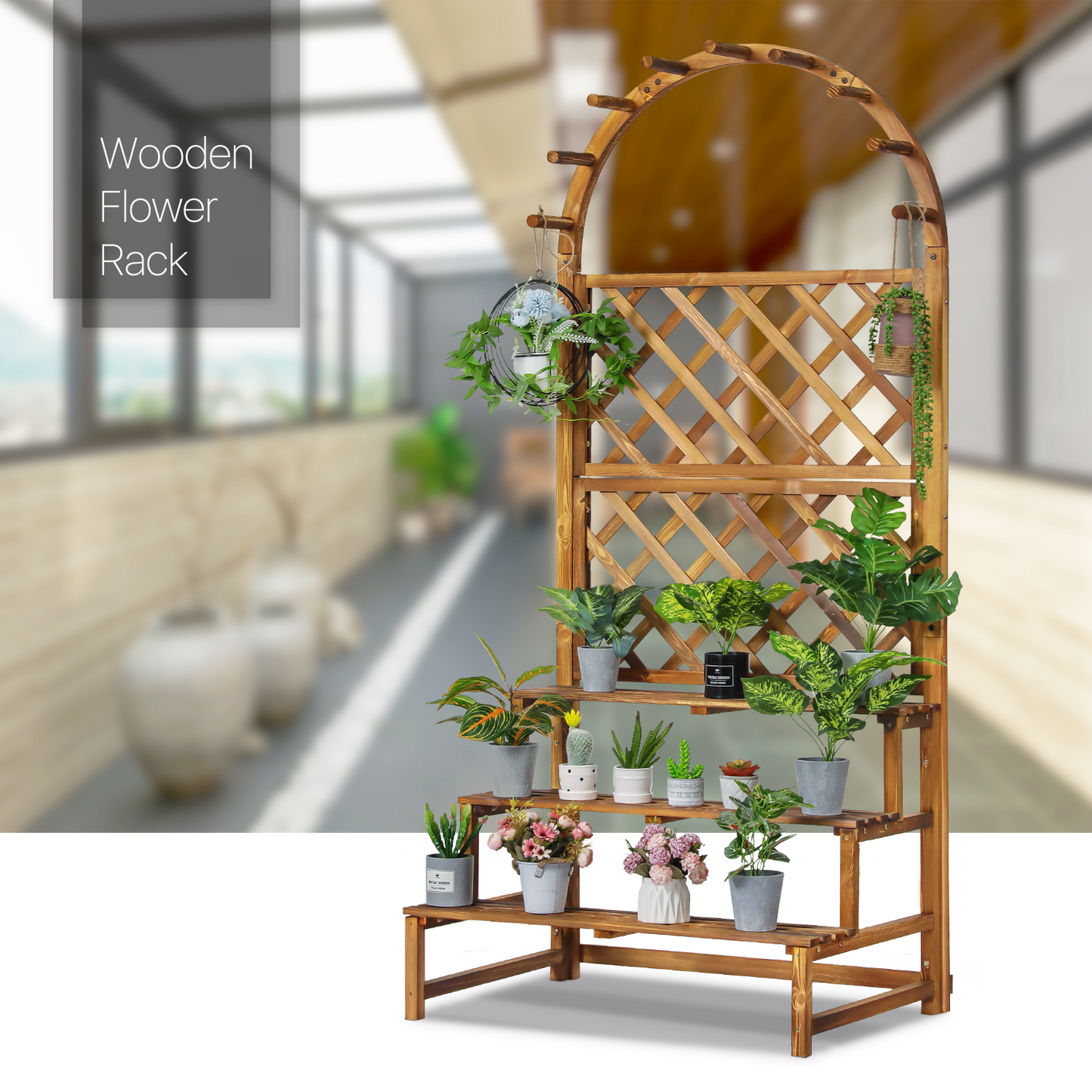 Wooden Trellis Display Stair Shelf - Arch with Hooks - 3 Tier - Carbonized