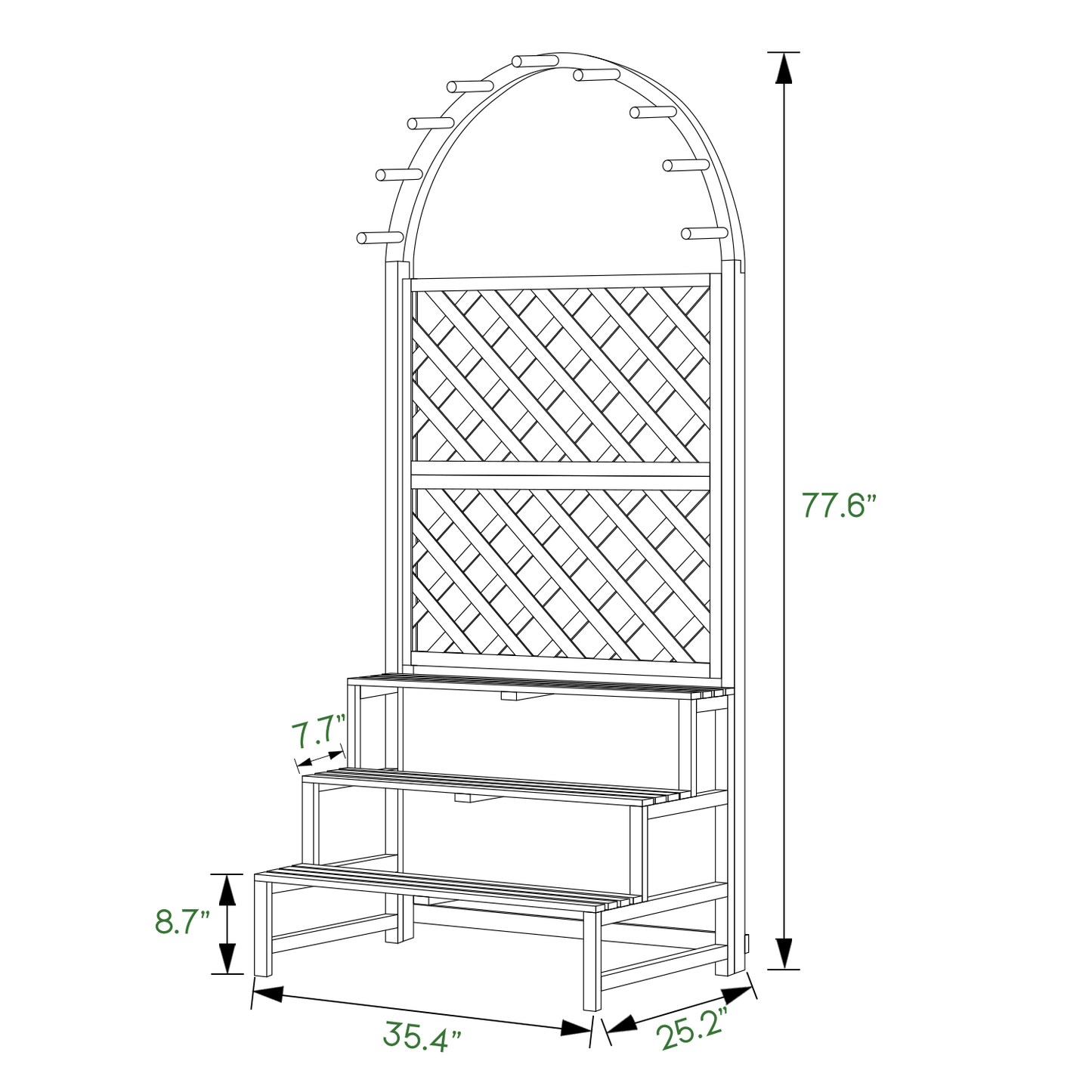 Wooden Trellis Display Stair Shelf - Arch with Hooks - 3 Tier - Carbonized