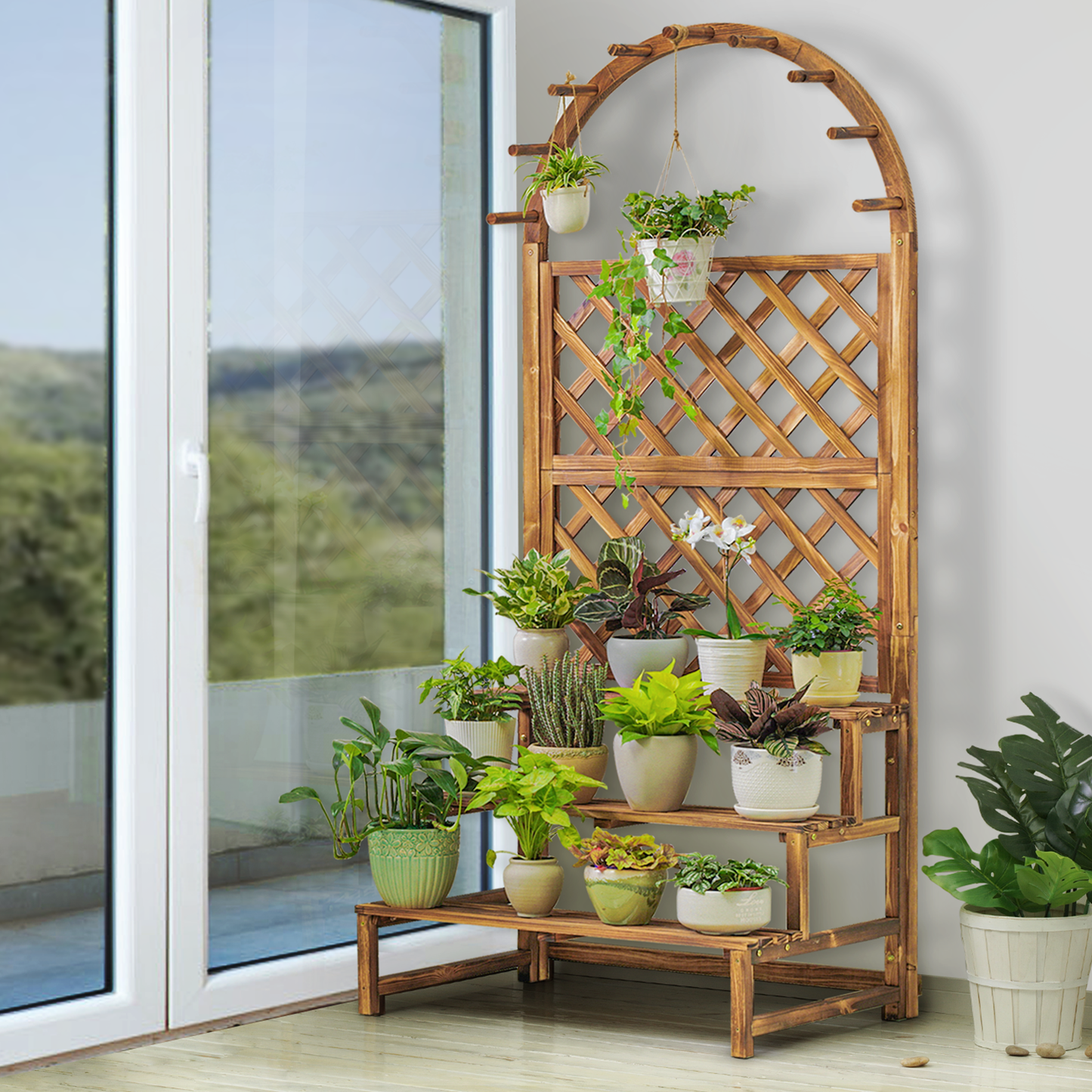 Wooden Trellis Display Stair Shelf - Arch with Hooks - 3 Tier - Carbonized