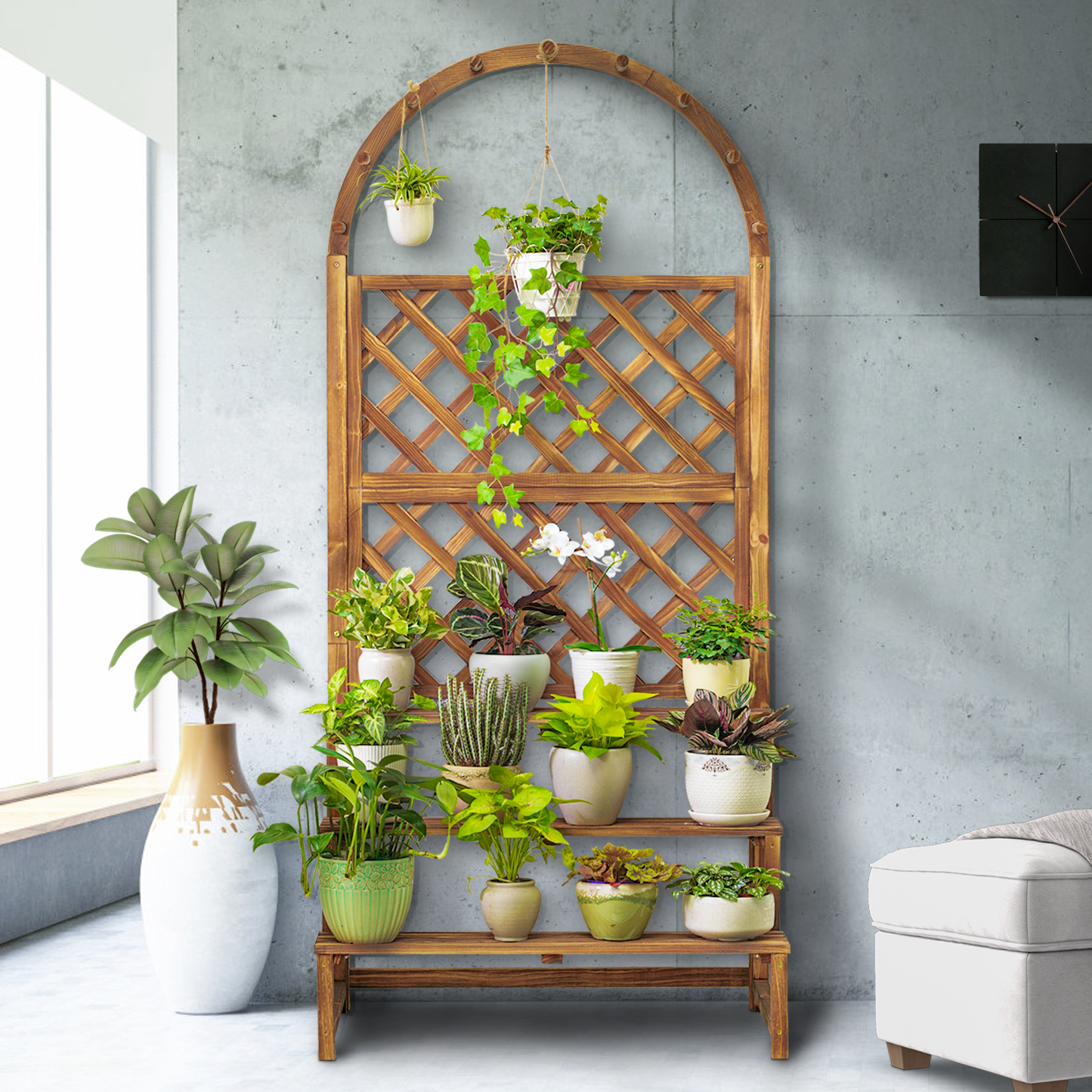 Wooden Trellis Display Stair Shelf - Arch with Hooks - 3 Tier - Carbonized