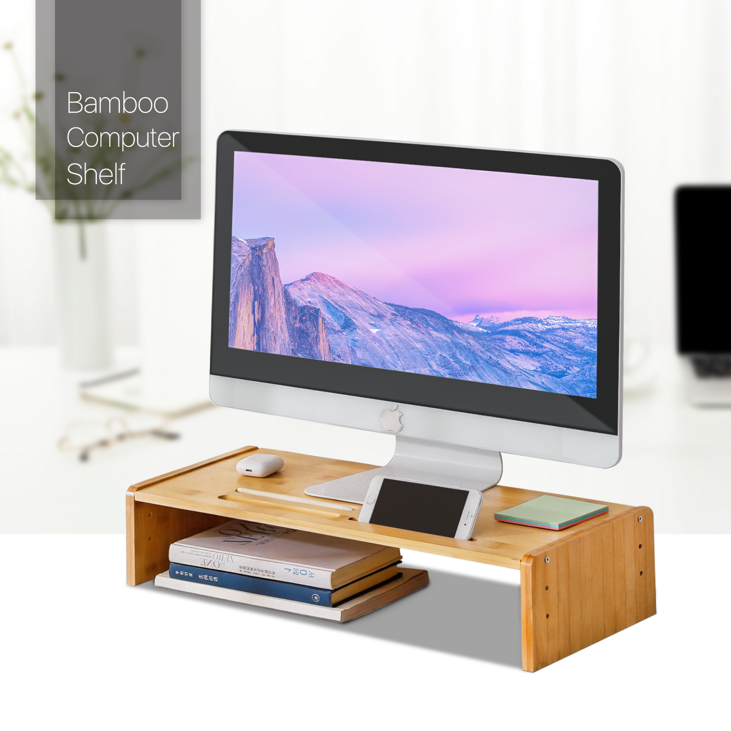 Computer Monitor Screen Riser Support Stand - Adjustable Height - Natural
